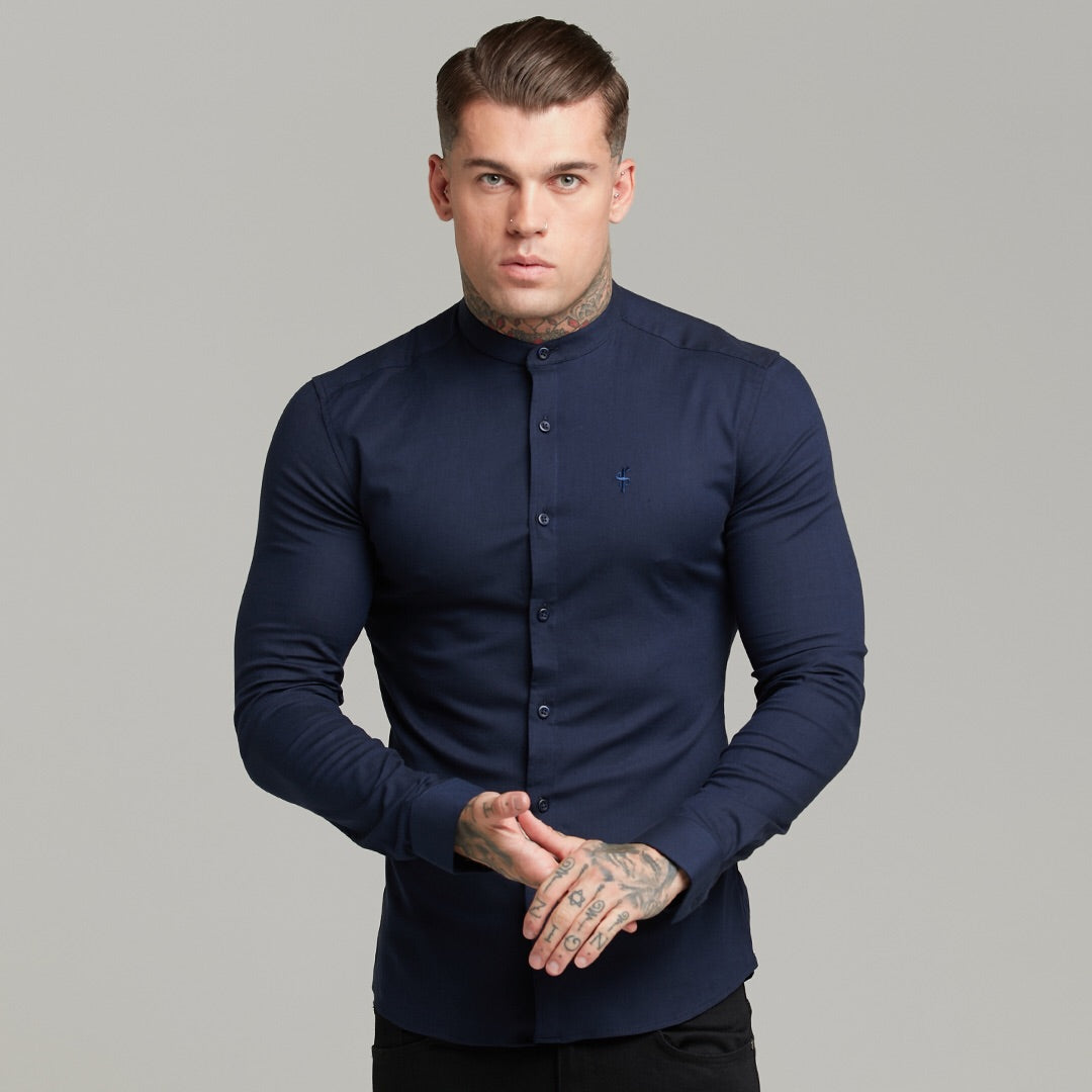 Super Slim Stretch Grandad Collar Classic Navy Oxford Long Sleeve - FS583
