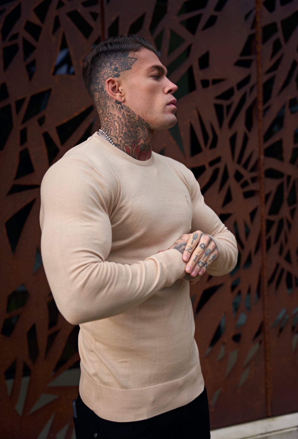 Classic Beige Crew Neck Knitted Jumper with Tonal Emblem - FSH672