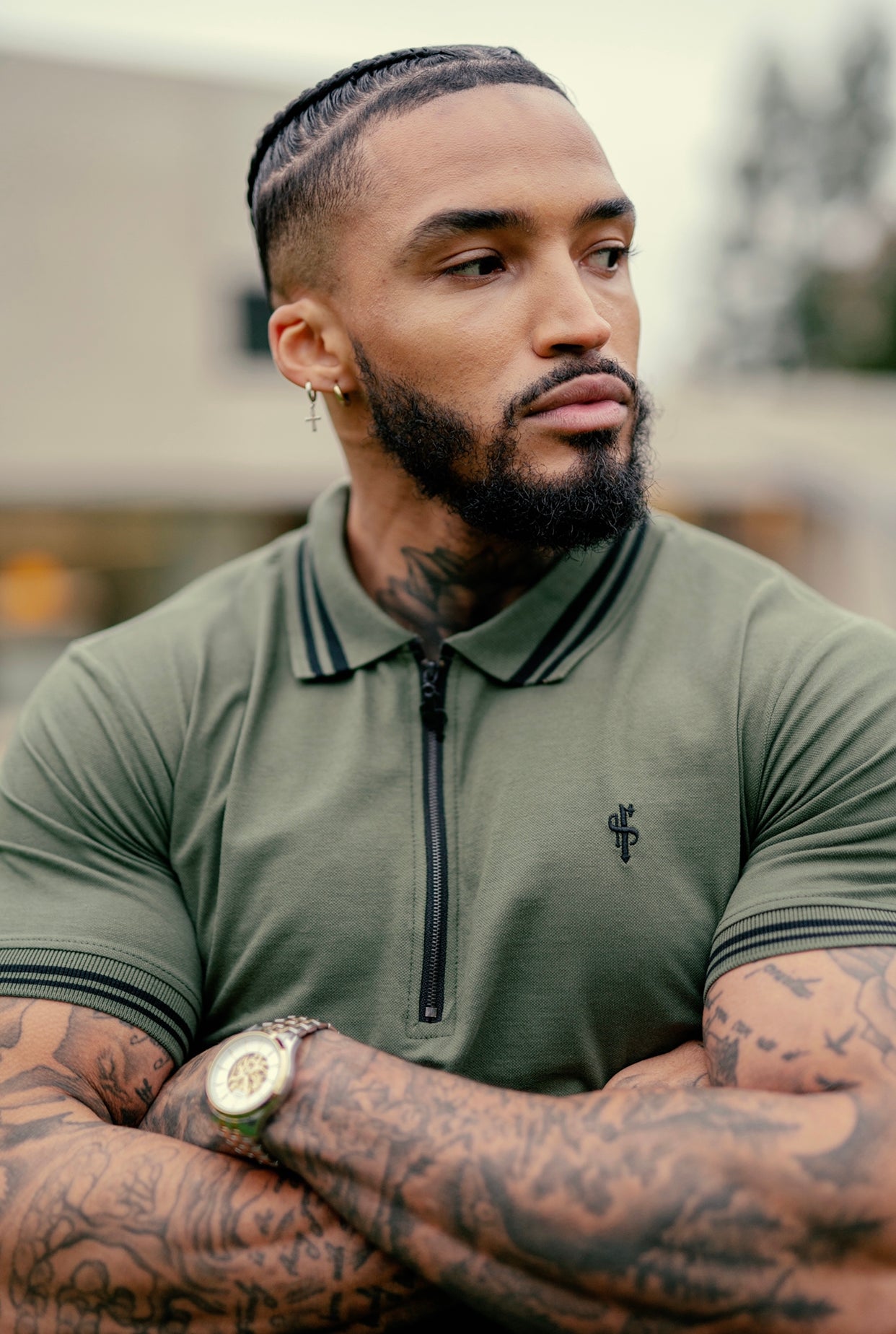 Khaki and Black Collar Contrast Zip Polo - FSH337