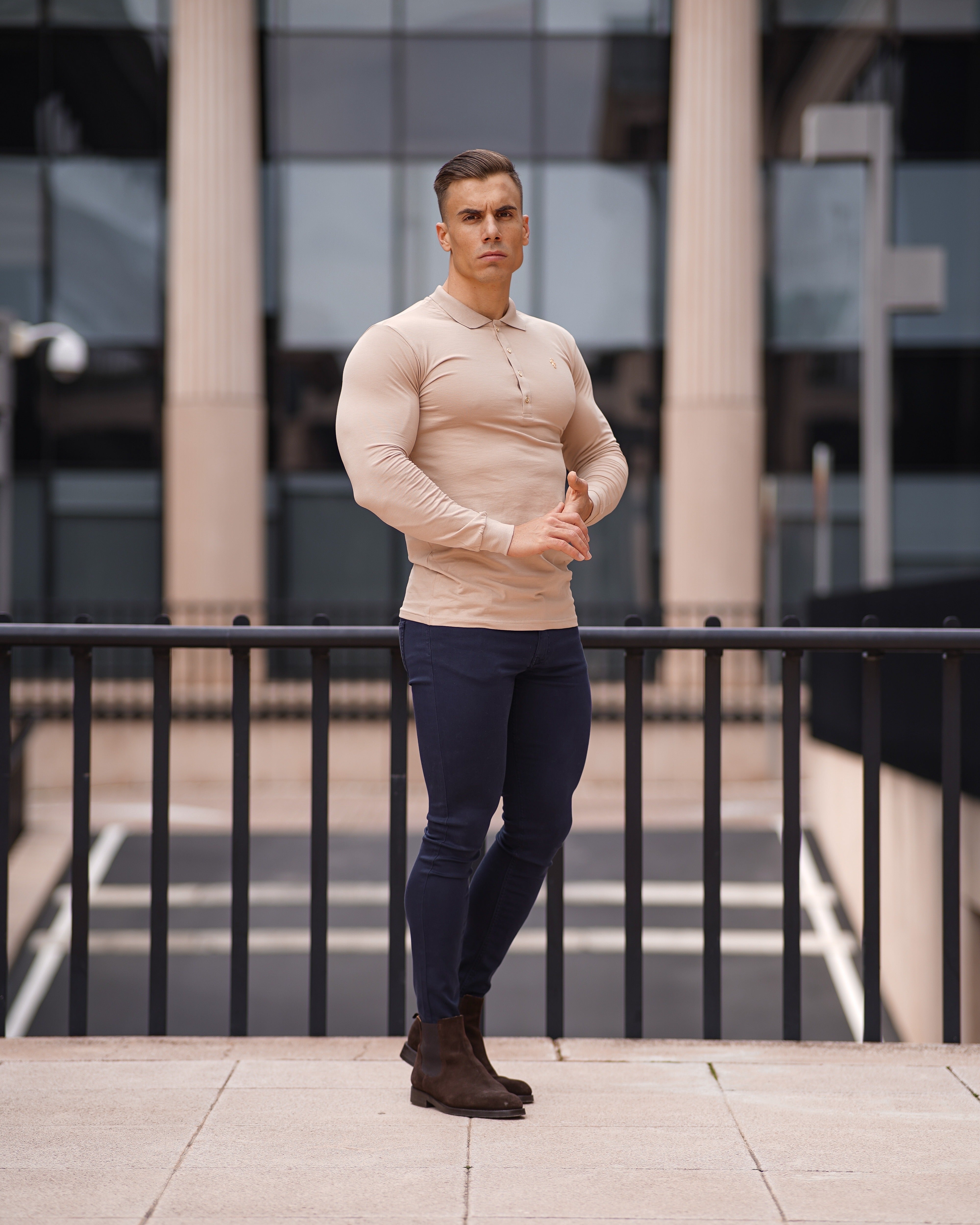 Classic Beige Long Polo Shirt with Gold Metal Emblem Decal & Buttons - FSH518