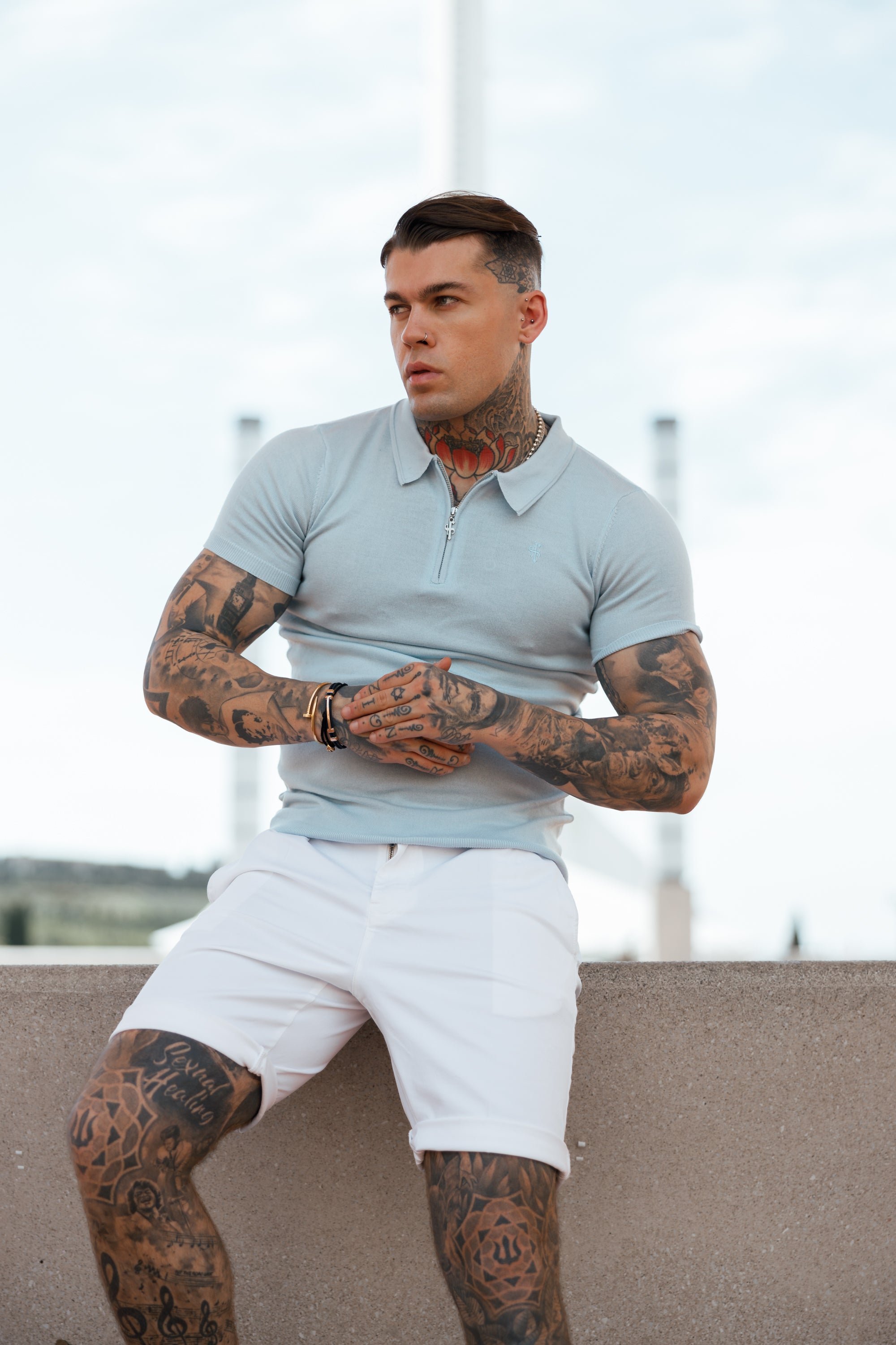Classic Powder Blue Merino Wool Knitted Zip Polo Short Sleeve Jumper With FS Embroidery- FSN031