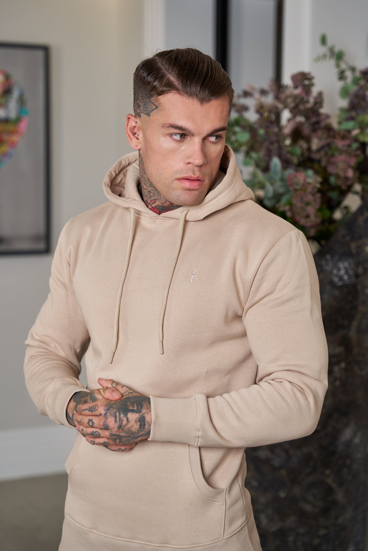 Beige Kangaroo Hoodie Top with FS Embroidery - FSH695
