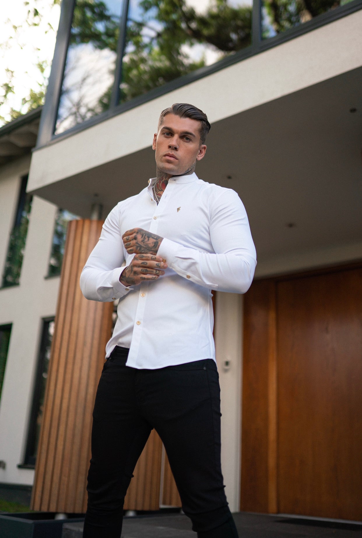 Super Slim Stretch White Denim Long Sleeve Grandad collar with Metal Buttons and Decal Emblem - FS719