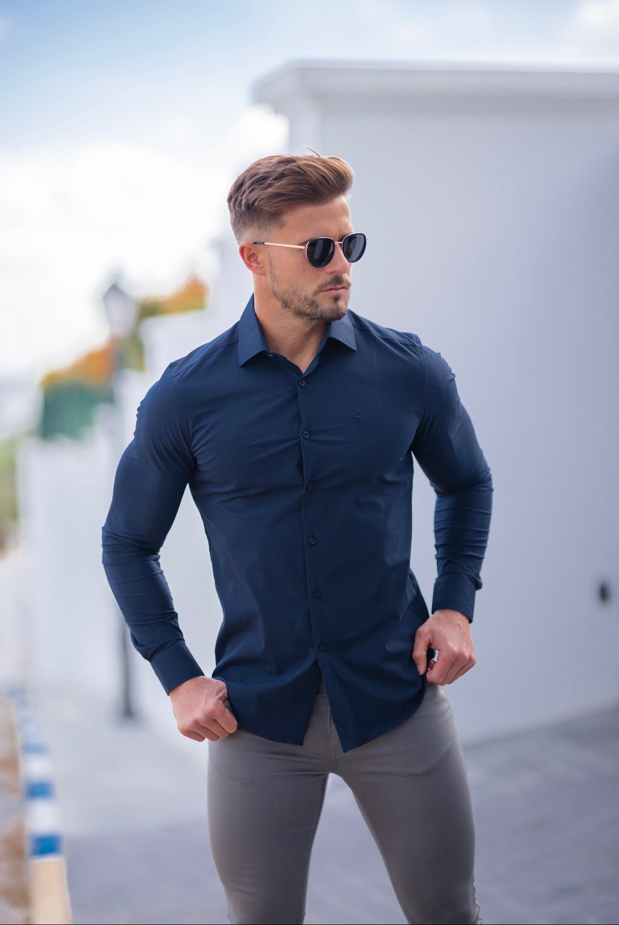 Classic Navy Stretch Shirt with Button Down Collar and Navy Embroidery - FS564