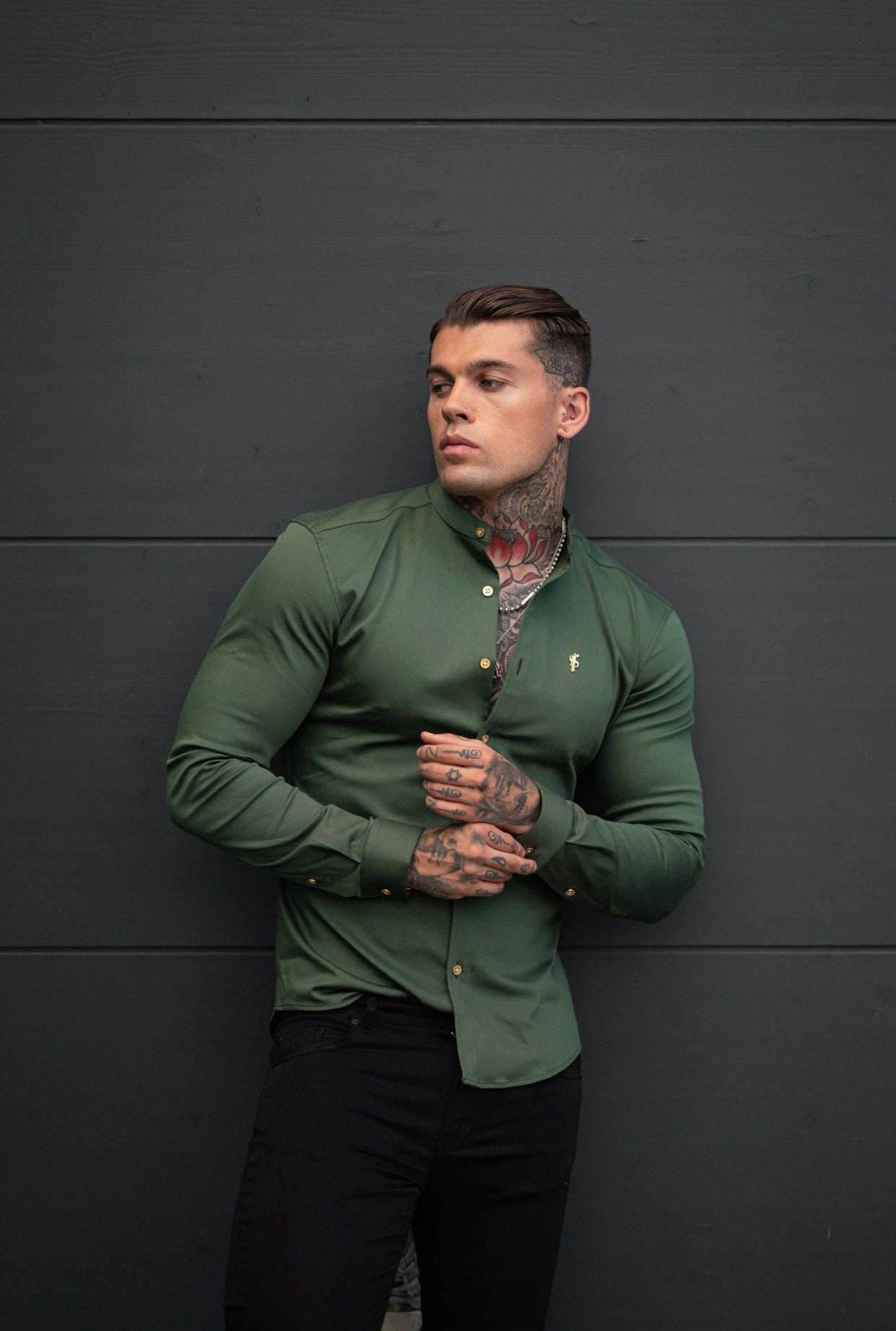 Super Slim Stretch Khaki Denim Long Sleeve Grandad collar with Metal Buttons and Decal Emblem - FS715