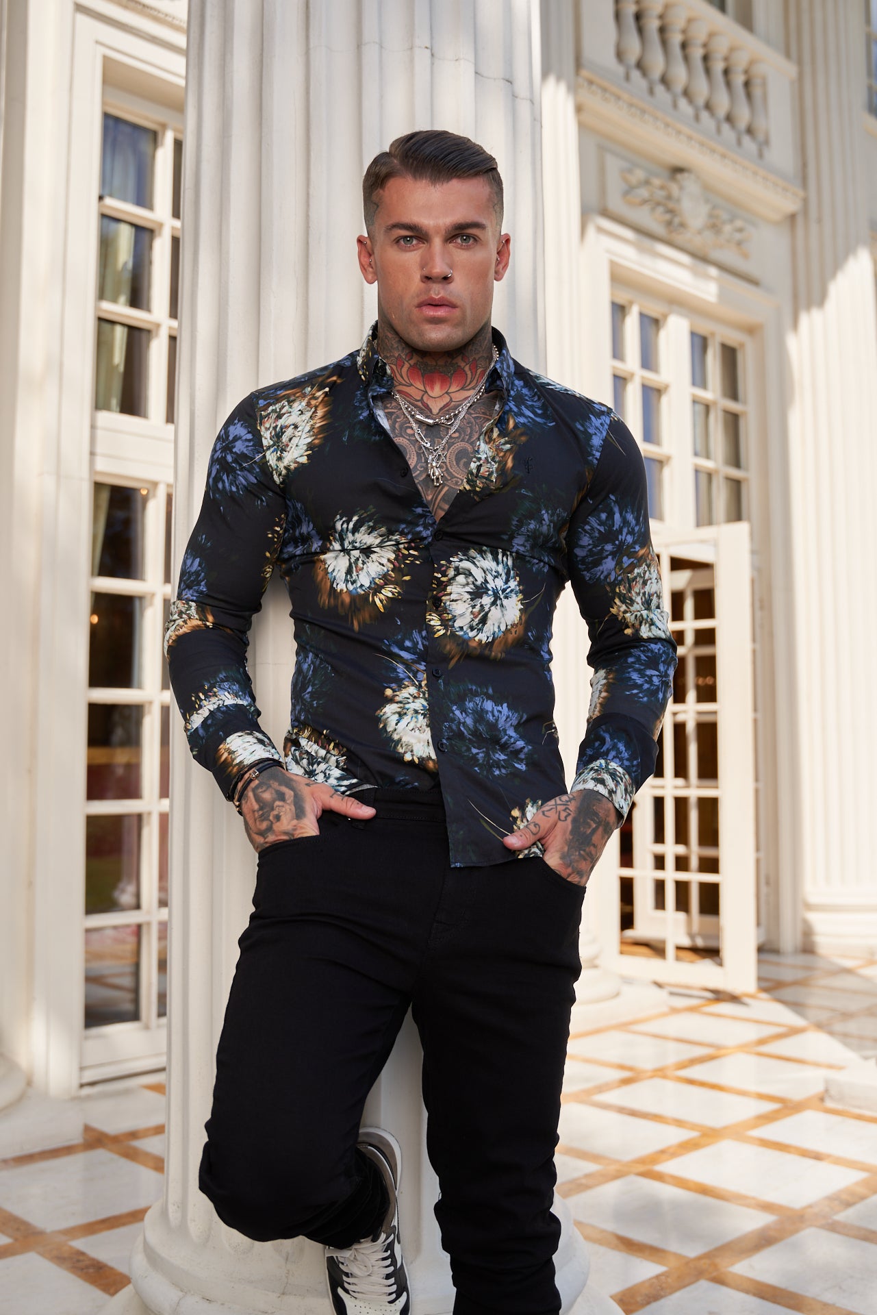 Super Slim Stretch Black Base Blurred Flower Print Long Sleeve with Button Down Collar - FS800