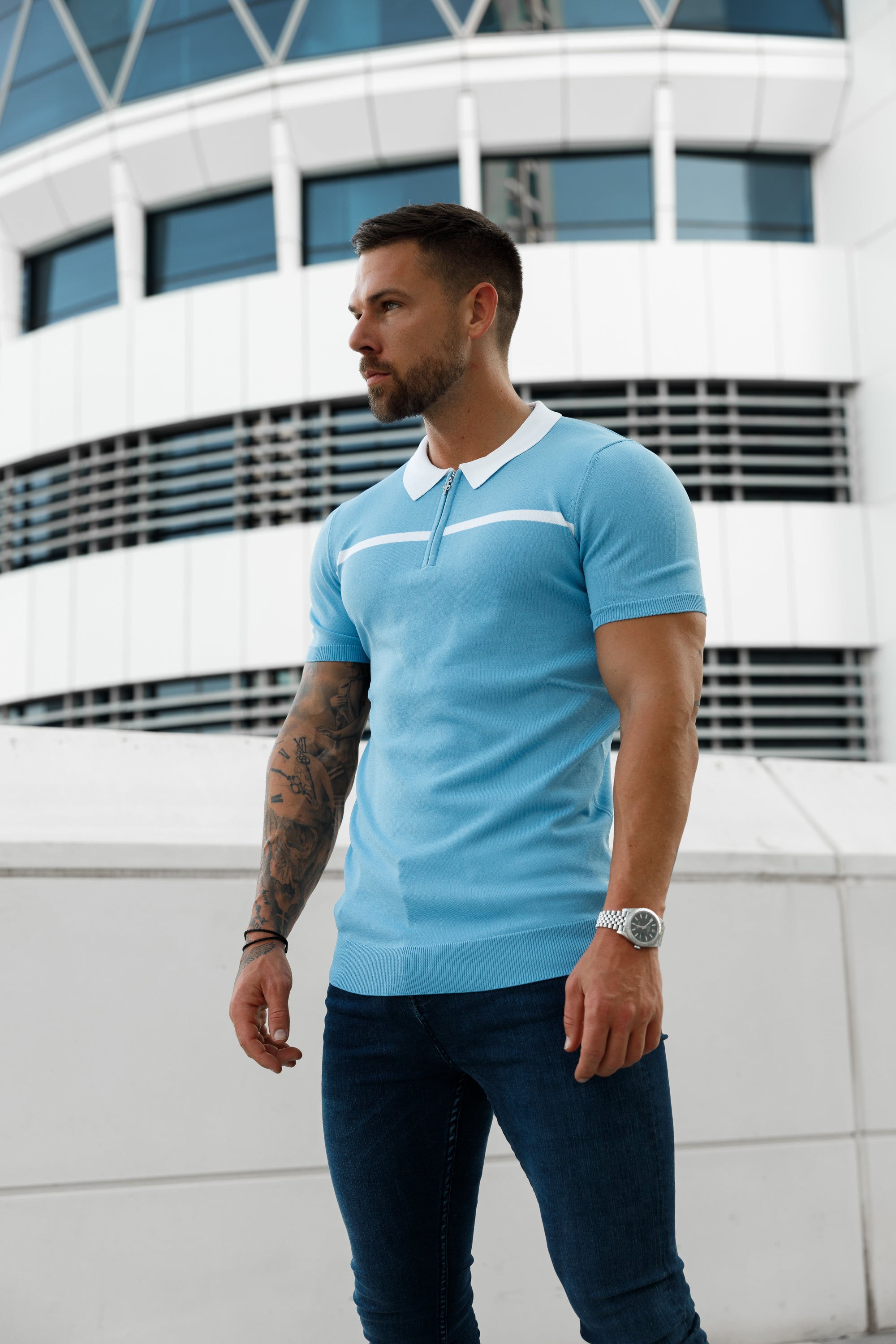 Classic Sky Blue / White Horizontal Stripe Zipped Polo Short Sleeve - FSN058