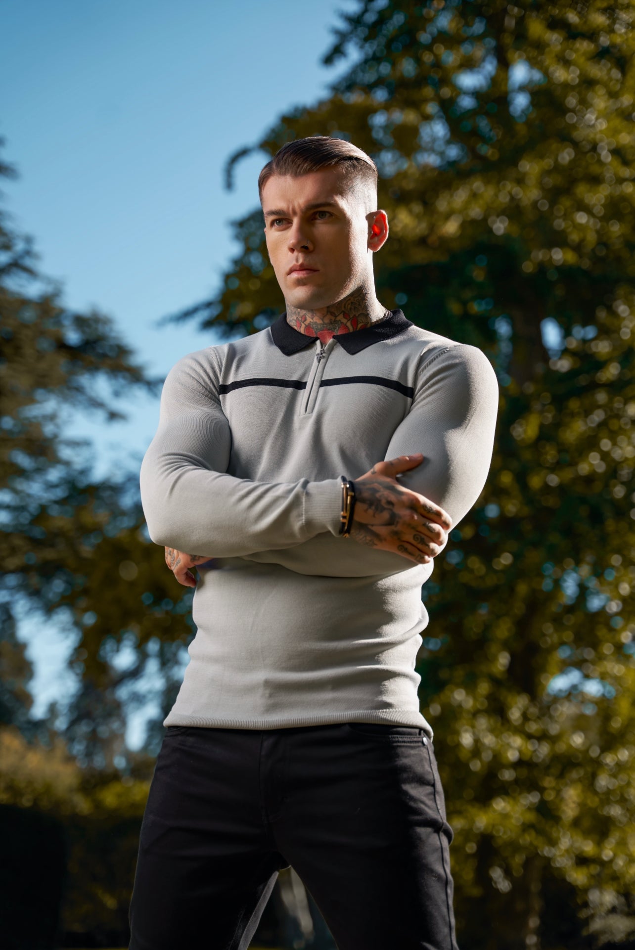 Classic Silver Grey / Black Horizontal Stripe Zipped Polo Long Sleeve - FSN049