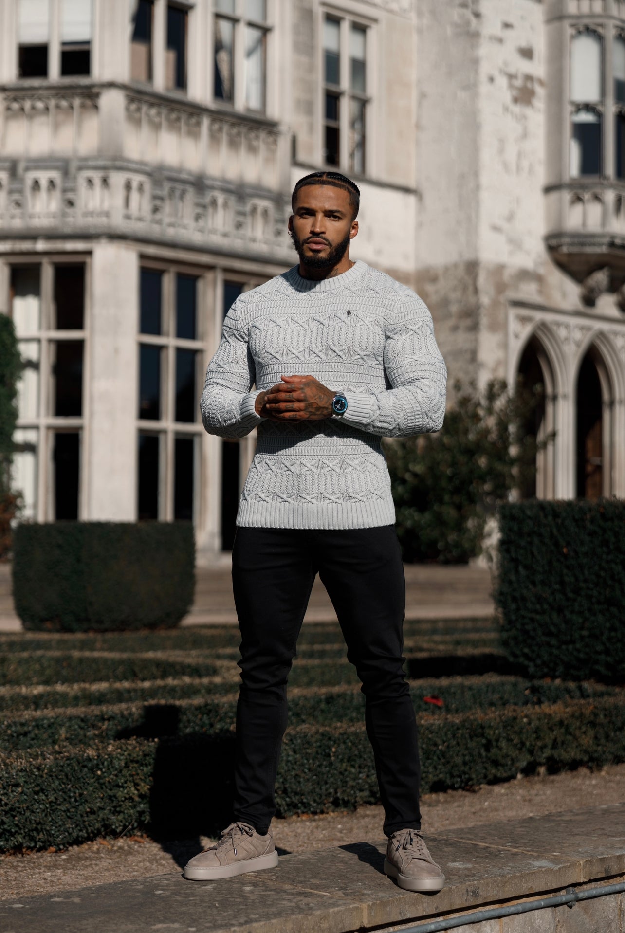 Grey Knitted Cable Link Crew Super Slim Jumper With Metal Decal - FSN072