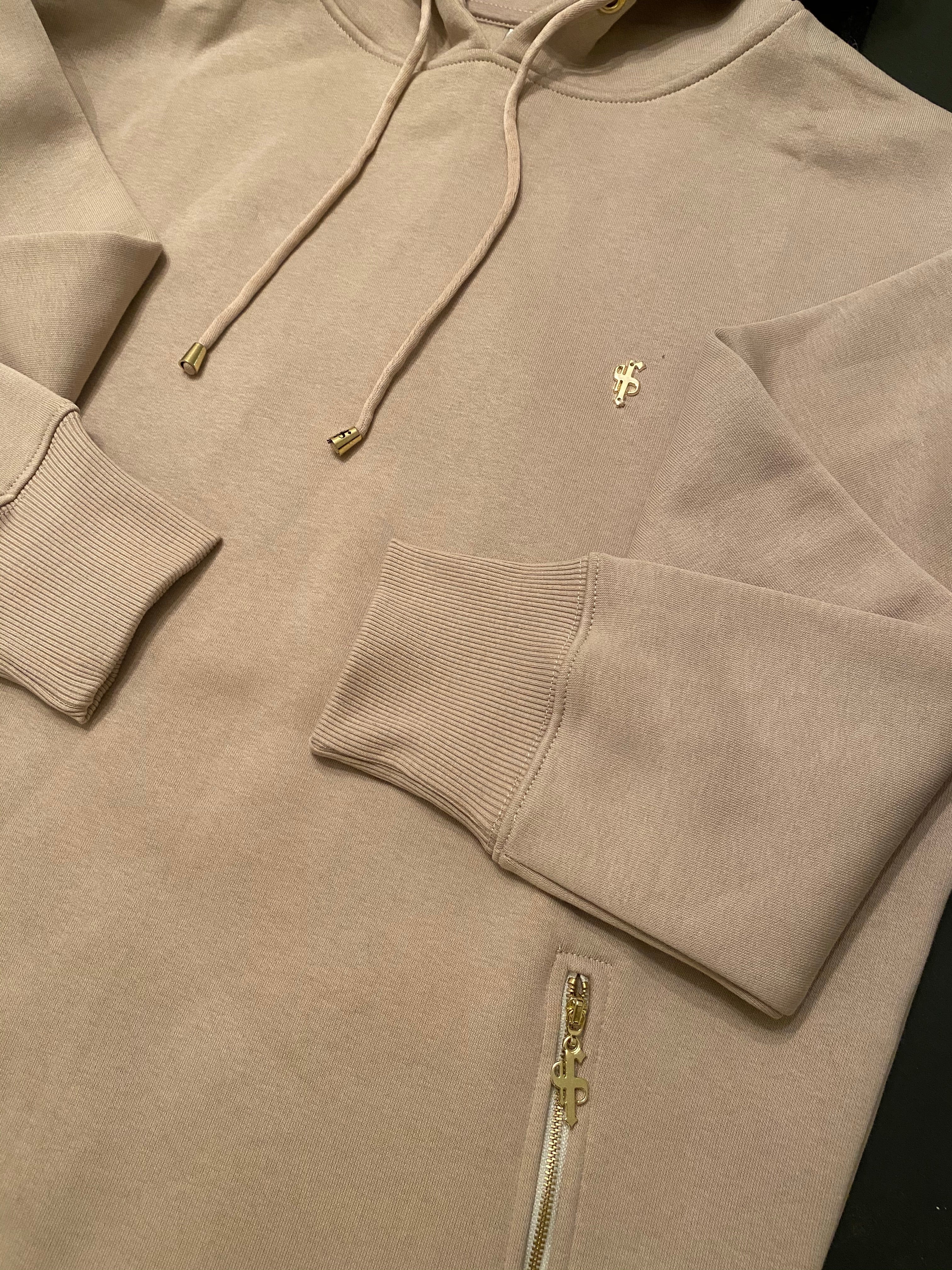 Beige & Gold Overhead Hoodie Top with Zipped Pockets - FSH483