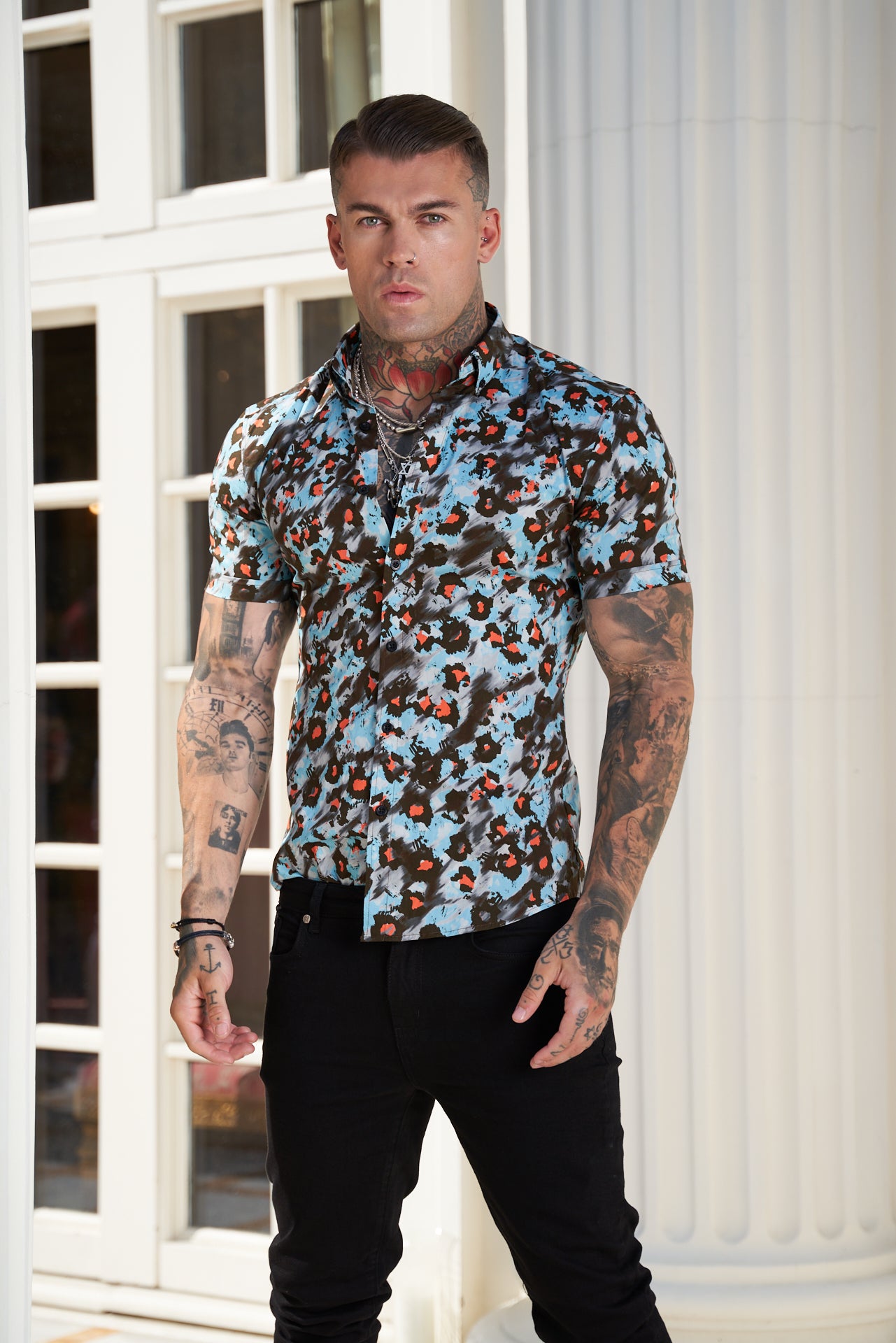 Super Slim Stretch Multi Colour Abstract Leopard Print Short Sleeve with Button Down Collar - FS790