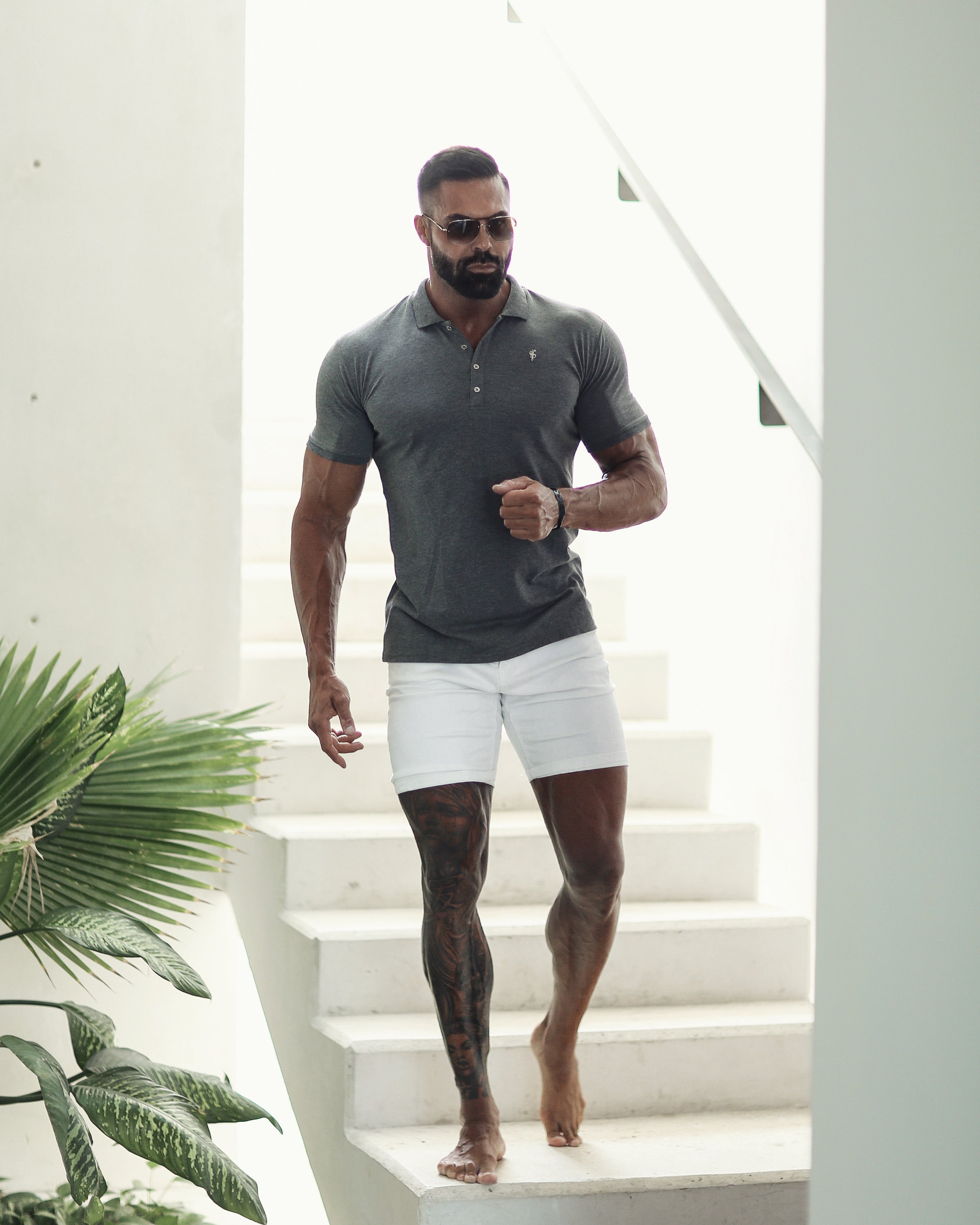 Classic Dark Grey Polo Shirt with Silver Metal Emblem Decal & Buttons - FSH460