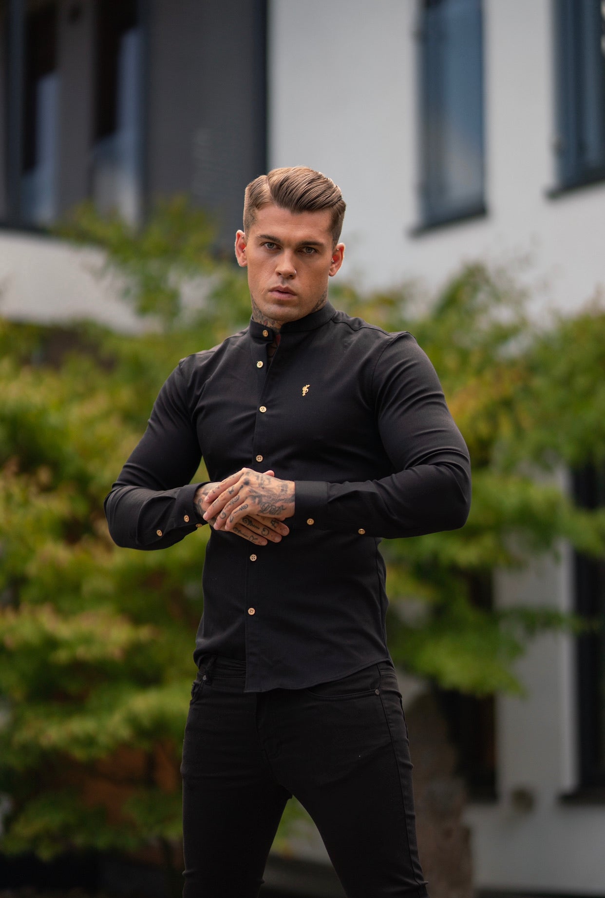 Super Slim Stretch Black Denim Long Sleeve Grandad collar with Metal Buttons and Decal Emblem - FS707