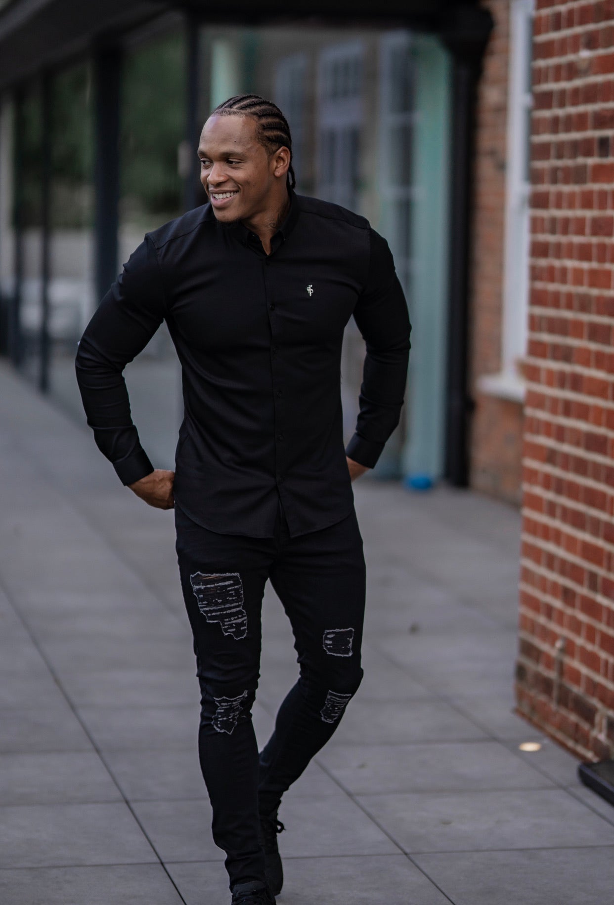 Super Slim Stretch Black Denim Long Sleeve with Metal Decal Emblem - FS642