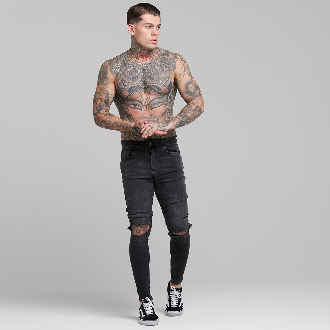 Stretch Washed Black Ripped Tapered Ankle Skinny Jeans - FSH227