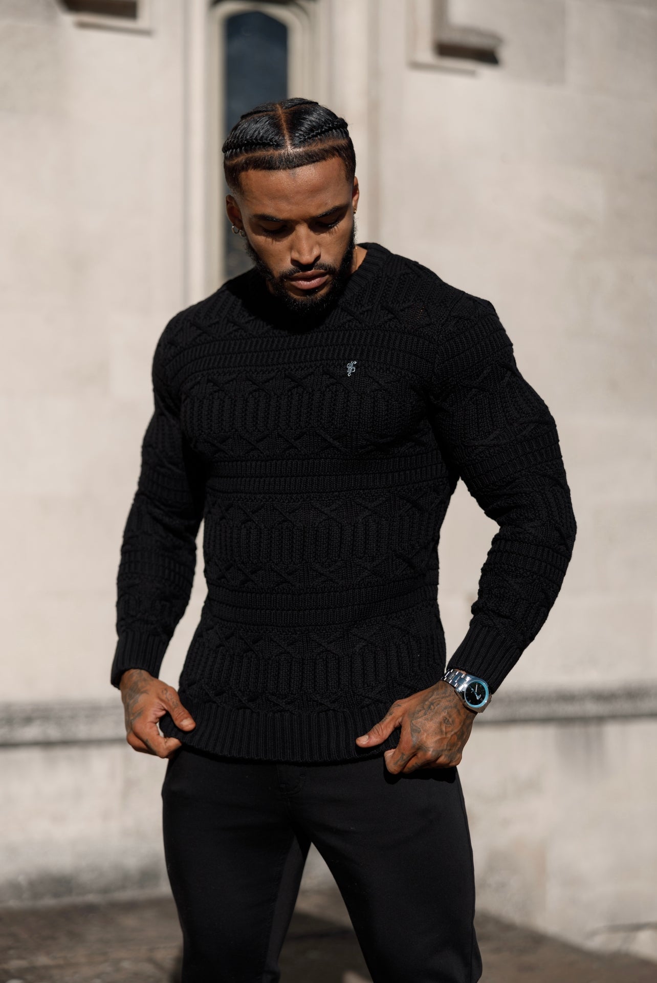 Black Knitted Cable Link Crew Super Slim Jumper With Metal Decal - FSN068