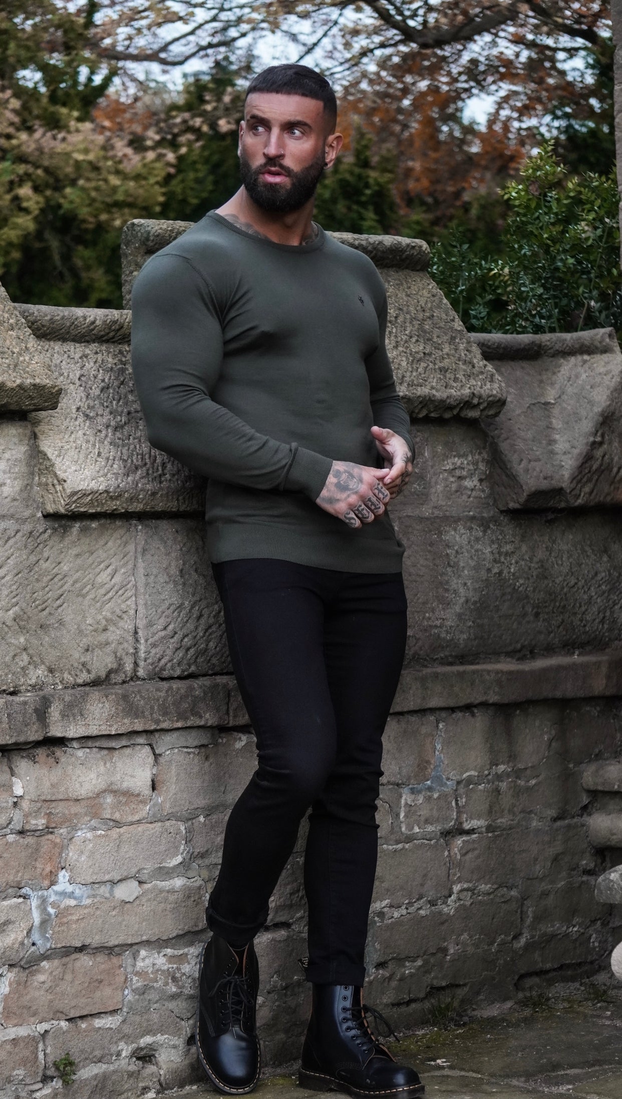 Classic Khaki Crew Neck Knitted Jumper with Gunmetal Emblem - FSH671