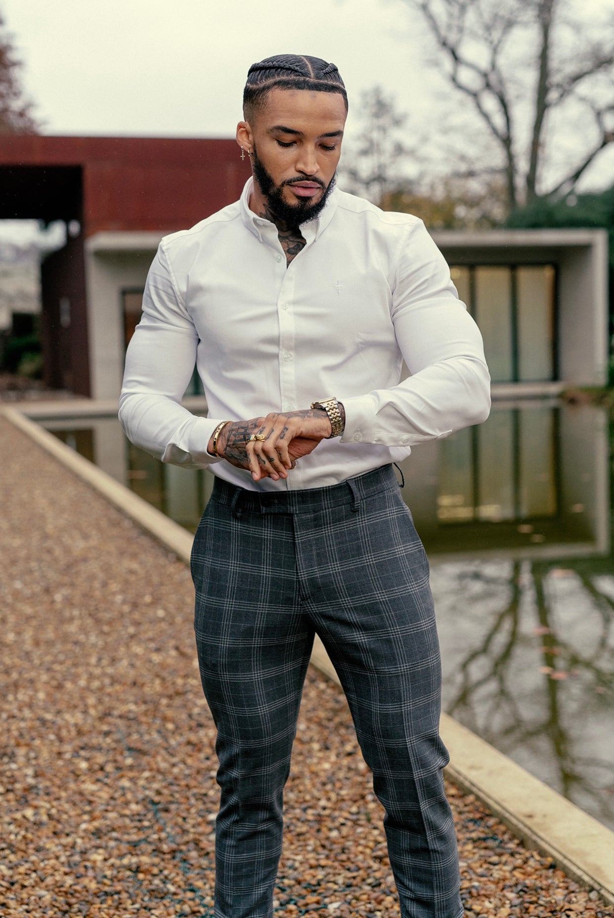 Slim Formal Large Silver Grey Check Stretch Trousers - FST005