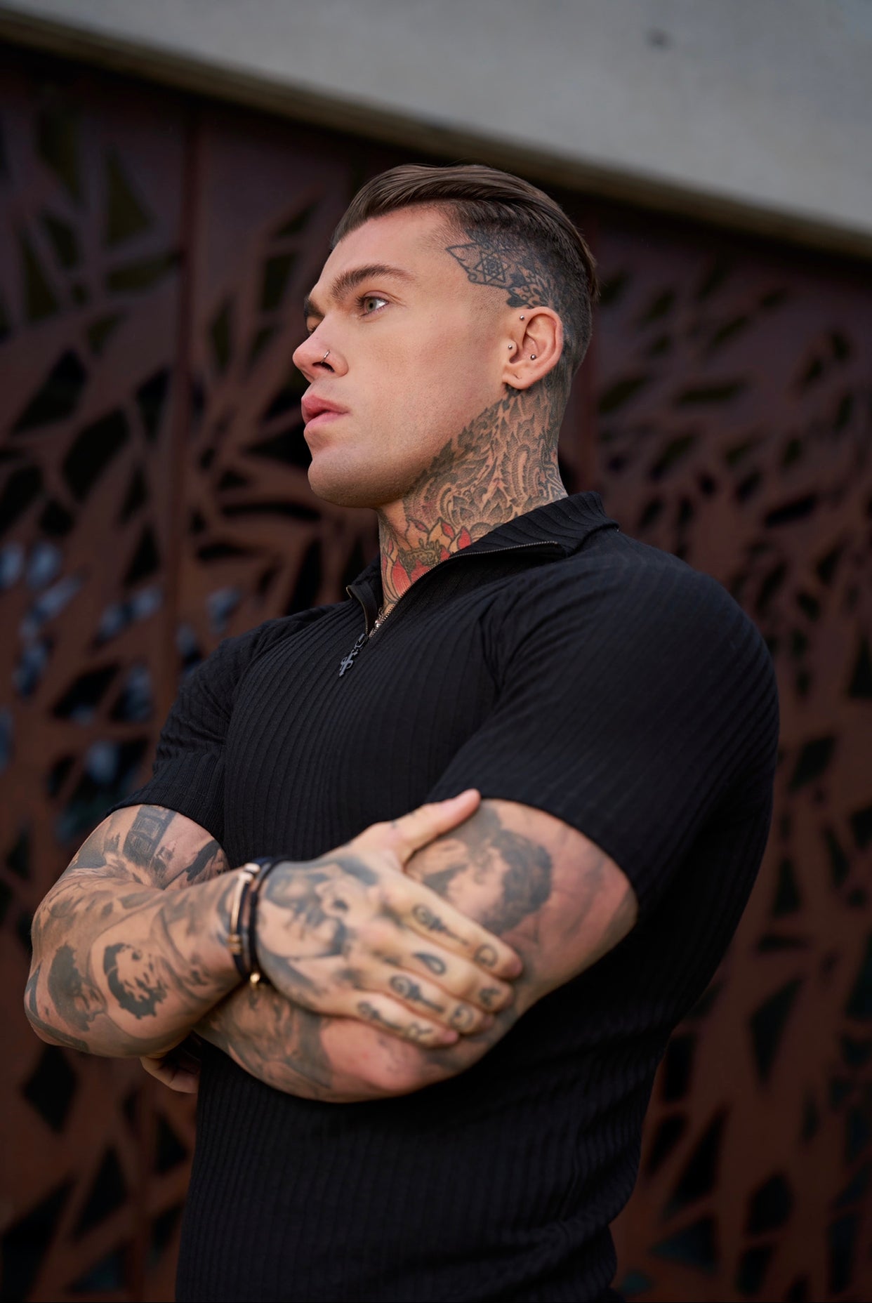 Classic Black Ribbed Zip Funnel Neck Raglan Short Sleeve Crew - FSH729