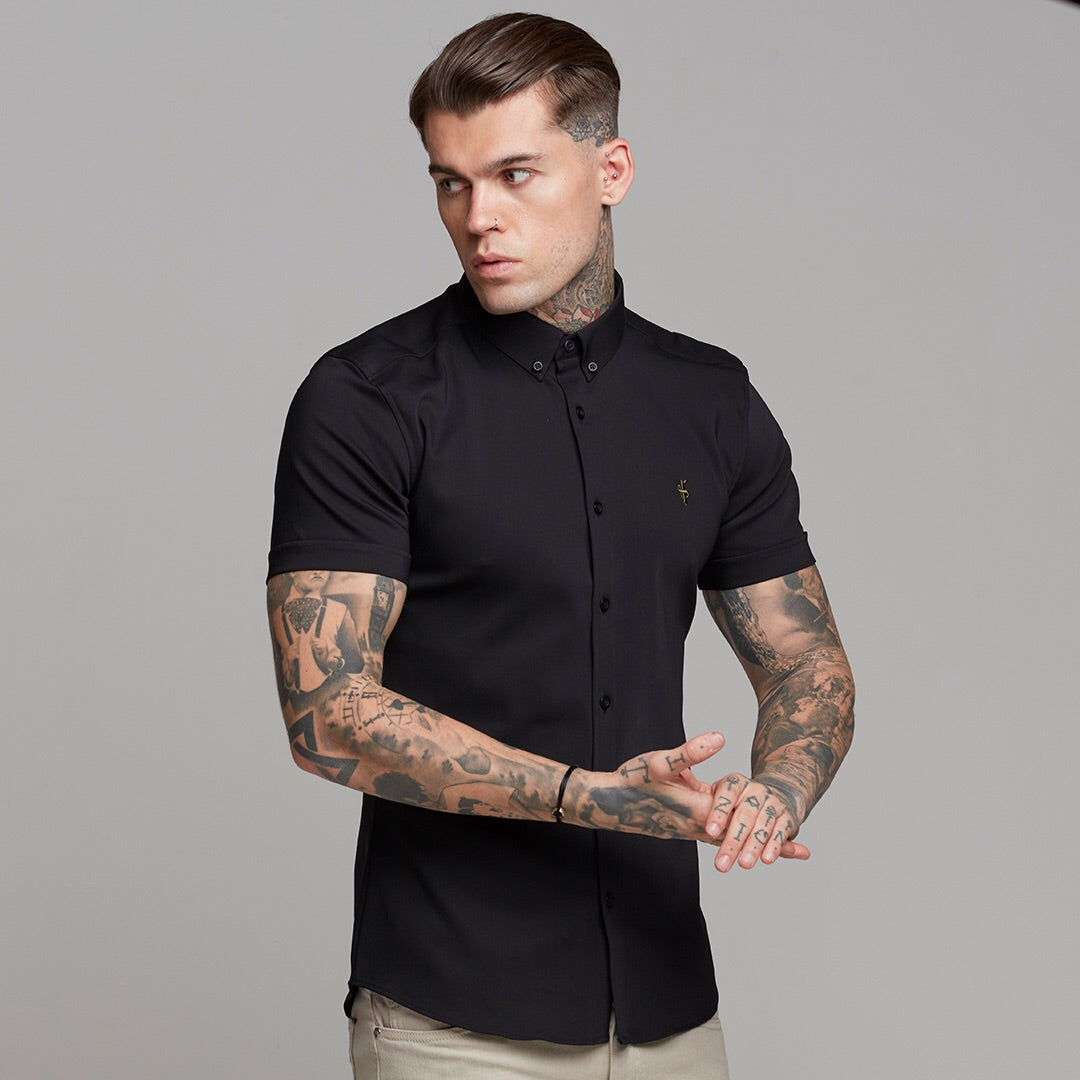 Super Slim Ultra Stretch Classic Black Short Sleeve (Khaki Embroidery) - FS481