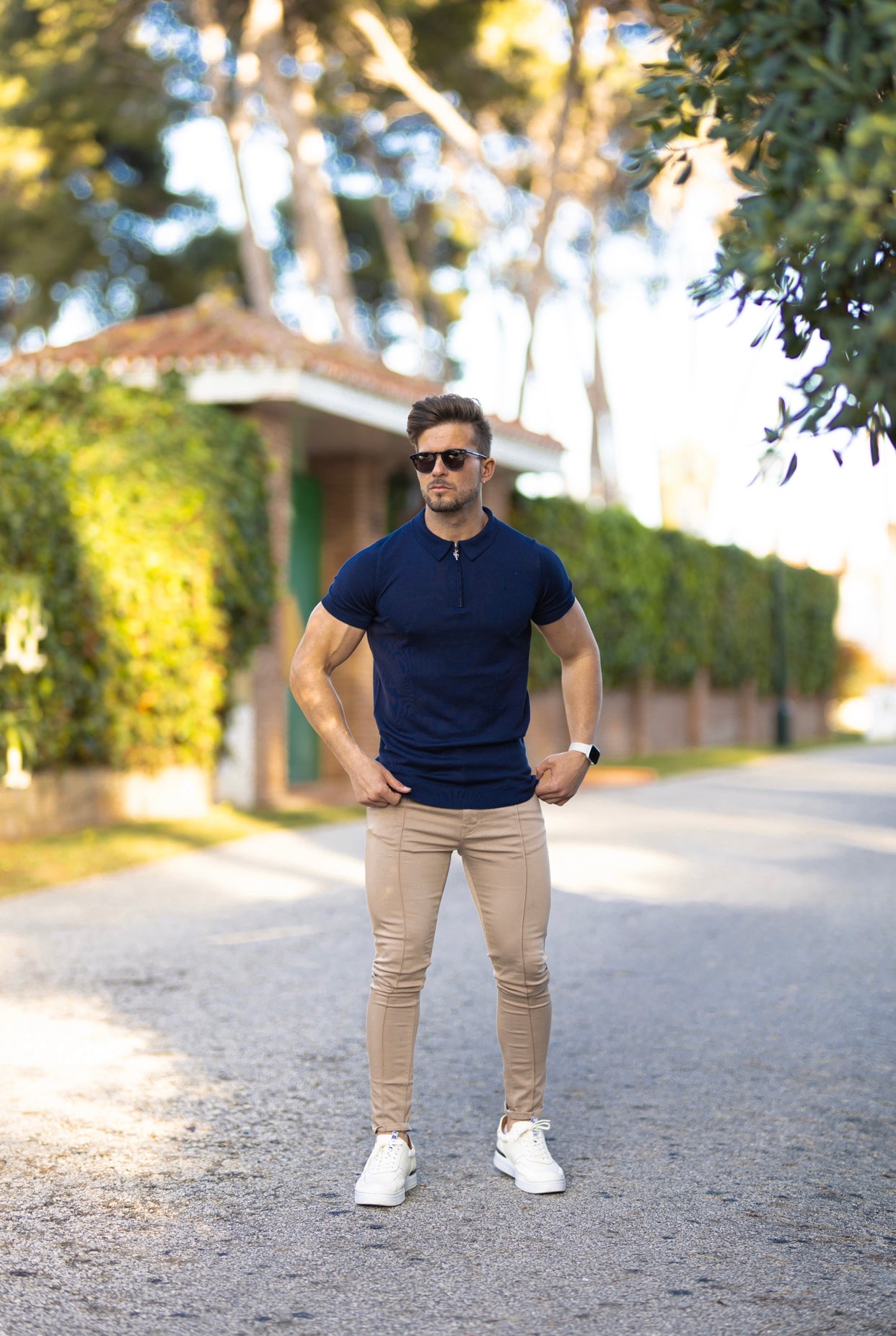 Classic Navy Merino Wool Knitted Zip Polo Short Sleeve Jumper With FS Embroidery- FSN027
