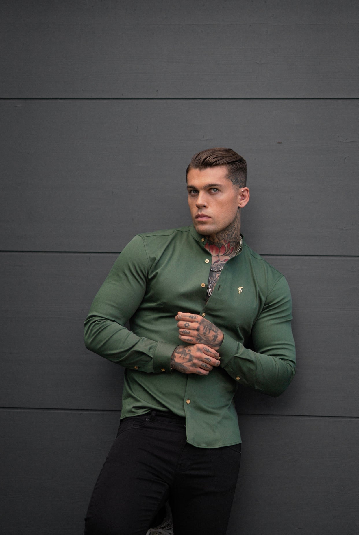 Super Slim Stretch Khaki Denim Long Sleeve Grandad collar with Metal Buttons and Decal Emblem - FS715