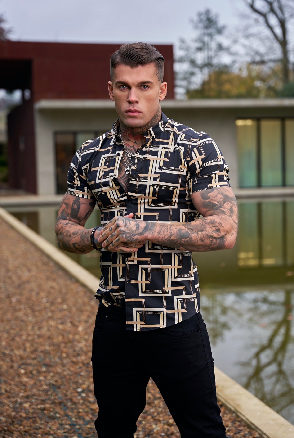 Super Slim Stretch Black / Cream Interlinked Square Print Short Sleeve with Button Down Collar - FS851