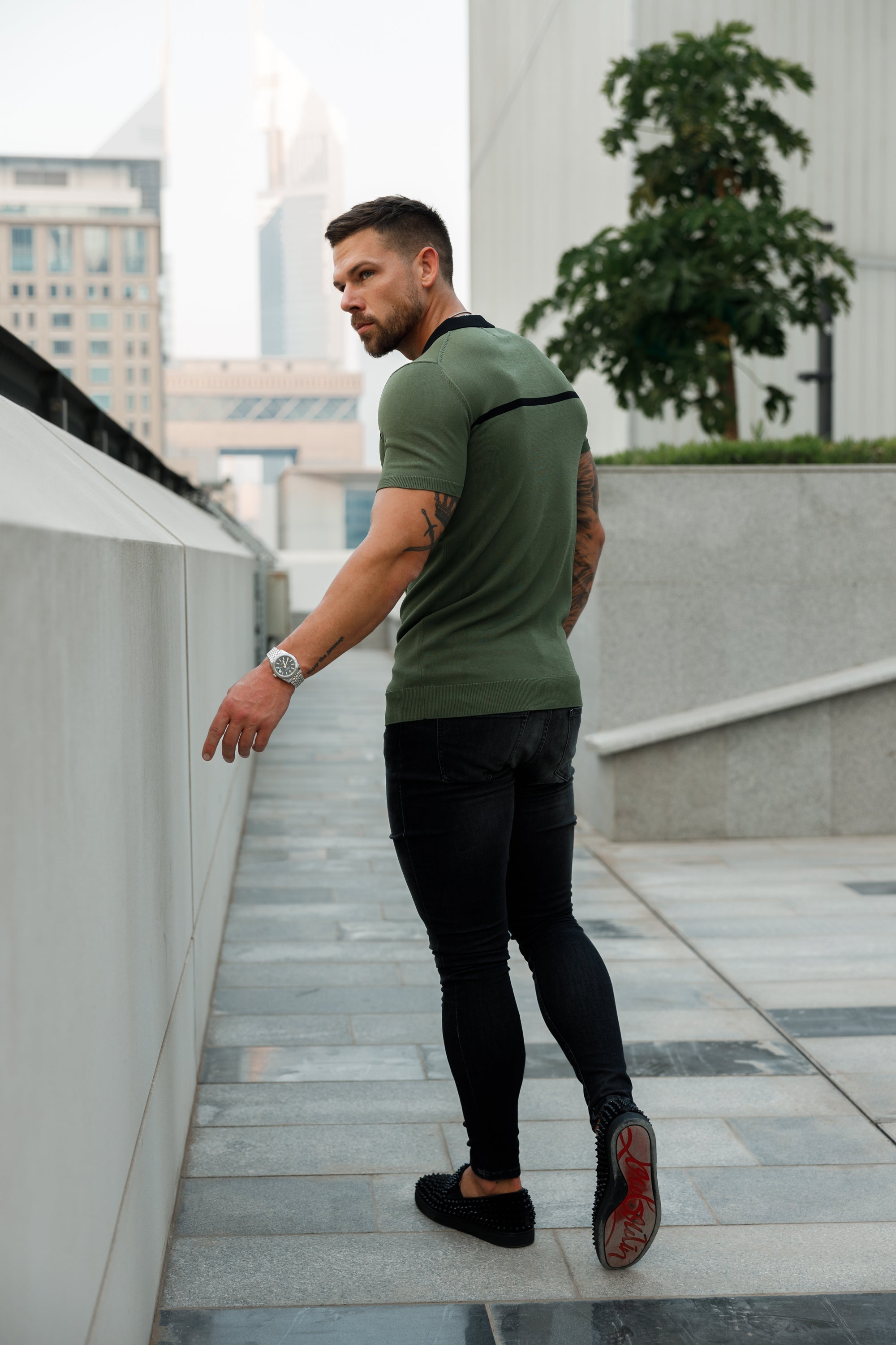 Classic Khaki / Black Horizontal Stripe Zipped Polo Short Sleeve - FSN042