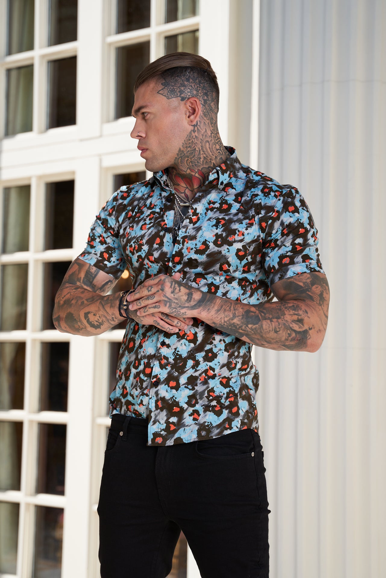 Super Slim Stretch Multi Colour Abstract Leopard Print Short Sleeve with Button Down Collar - FS790