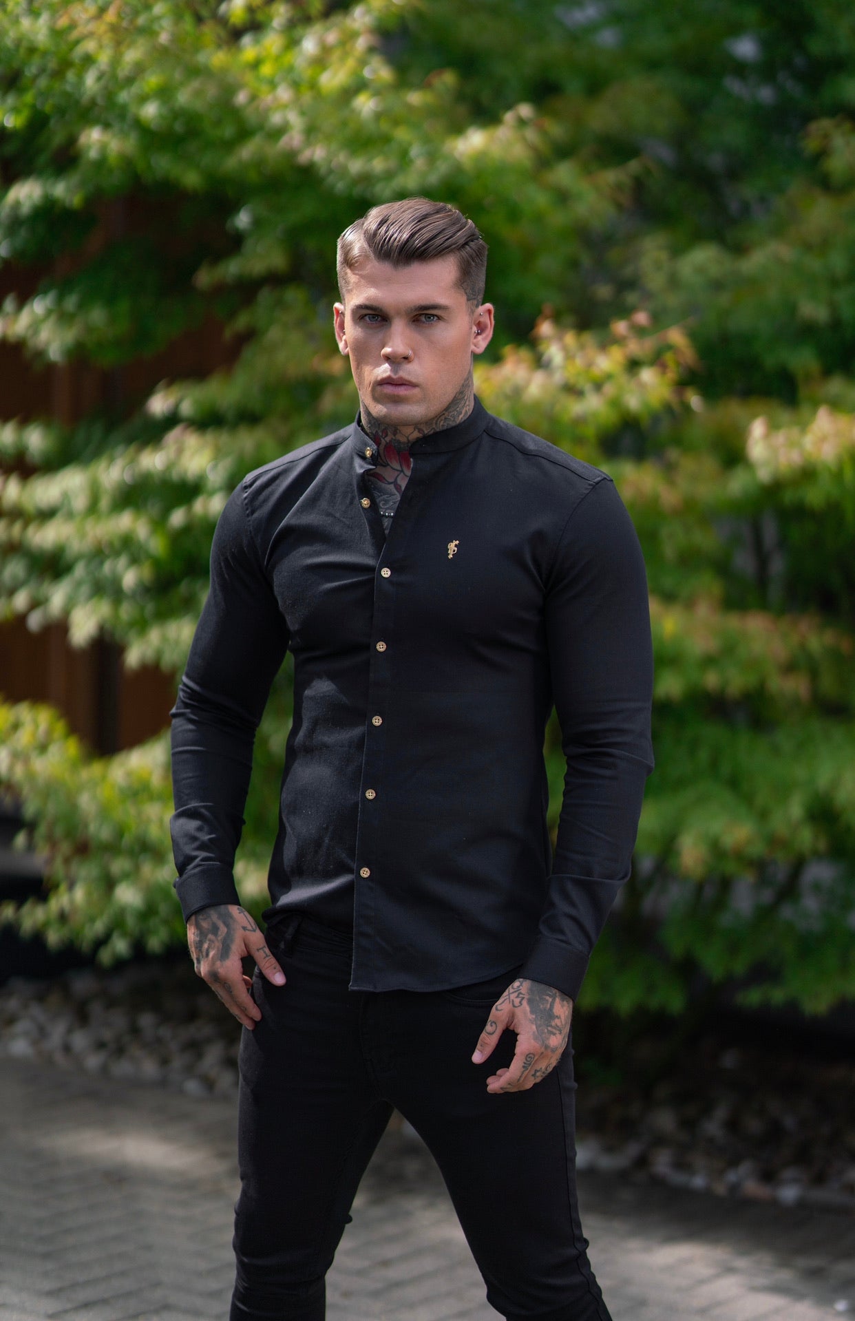 Super Slim Stretch Black Denim Long Sleeve Grandad collar with Metal Buttons and Decal Emblem - FS707
