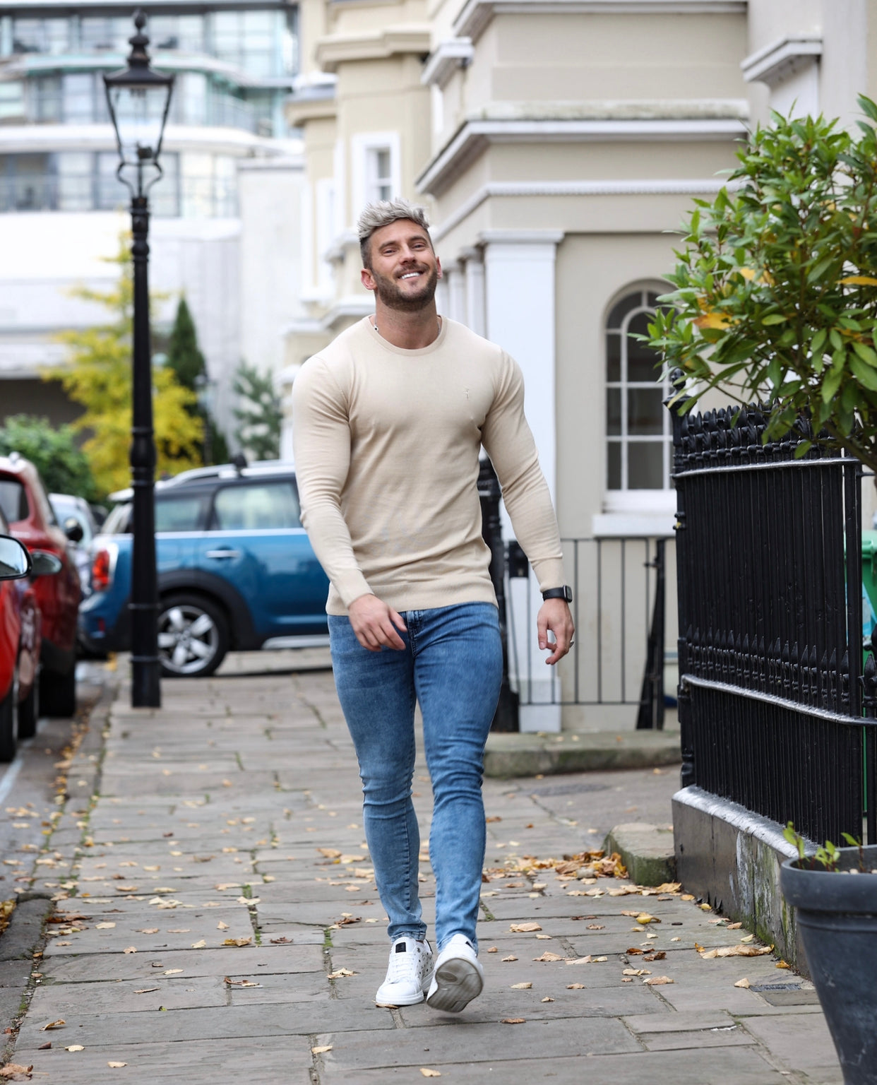 Classic Beige Crew Neck Knitted Jumper with Tonal Emblem - FSH672