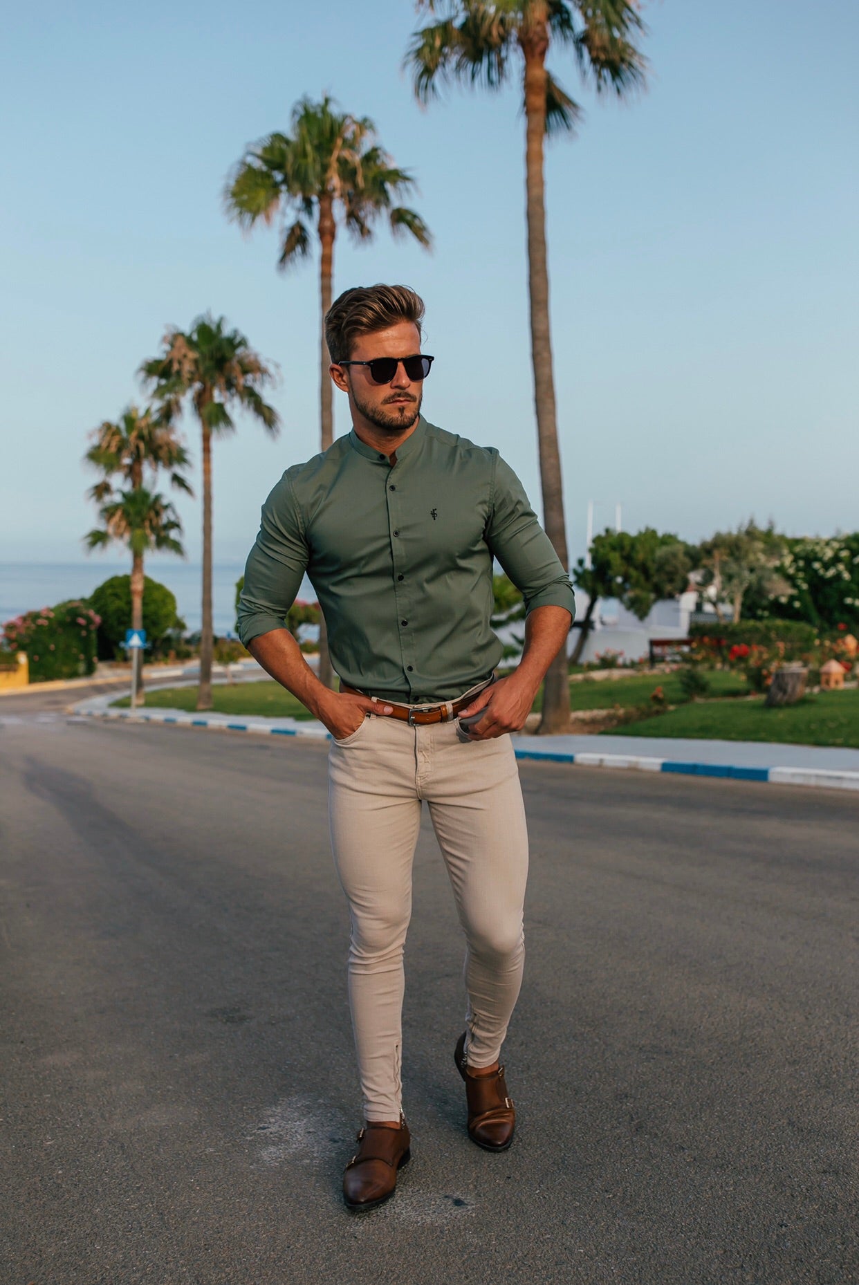 Super Slim Stretch Classic Khaki Grandad Collar - FS296