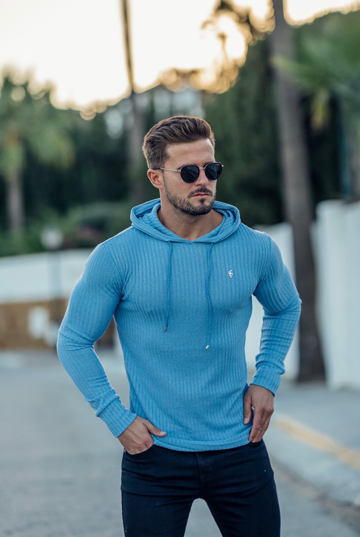 Classic Baby Blue Ribbed Knit Hoodie Jumper With Silver Emblem - FSH595