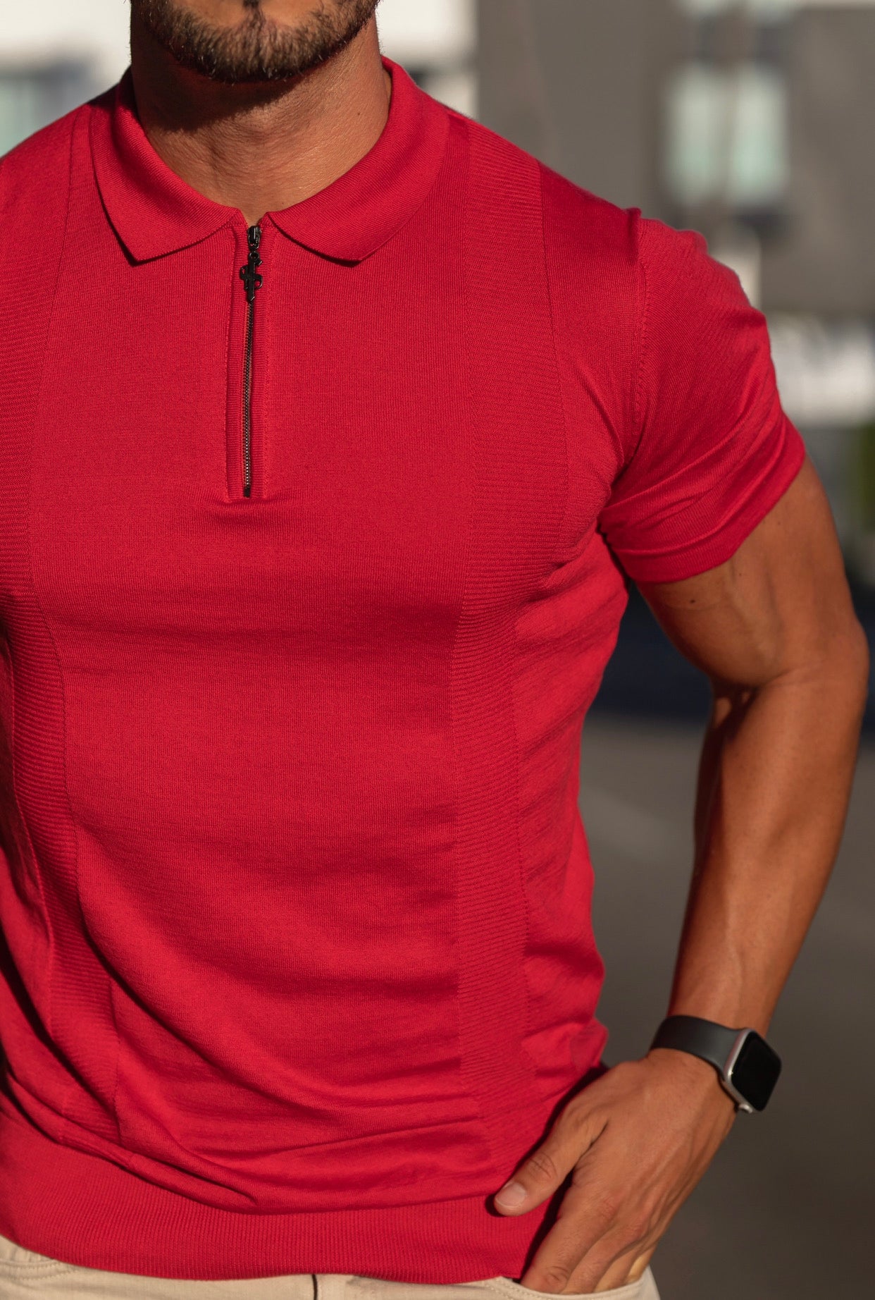 Classic Red and Black Zip Knitted Short Sleeve Polo - FSH467