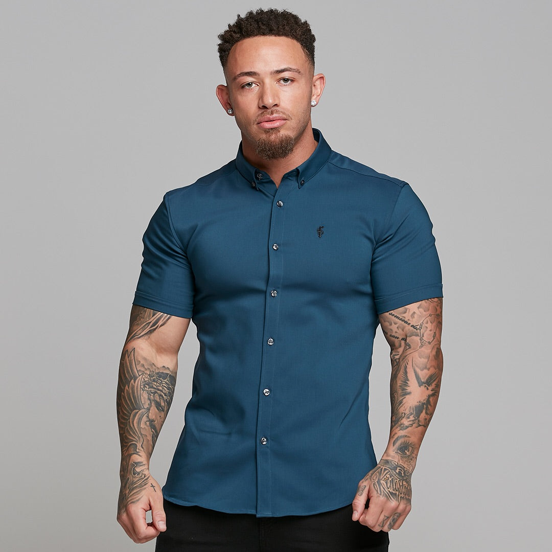 Super Slim Ultra Stretch Classic Teal Short Sleeve (Charcoal Buttons) - FS485