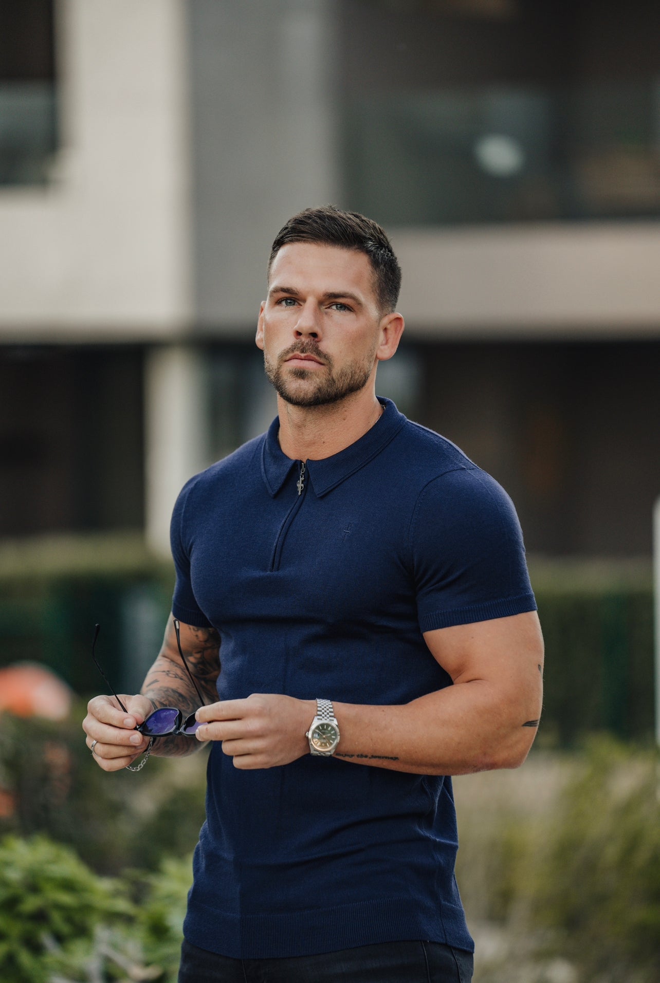 Classic Navy Merino Wool Knitted Zip Polo Short Sleeve Jumper With FS Embroidery- FSN027