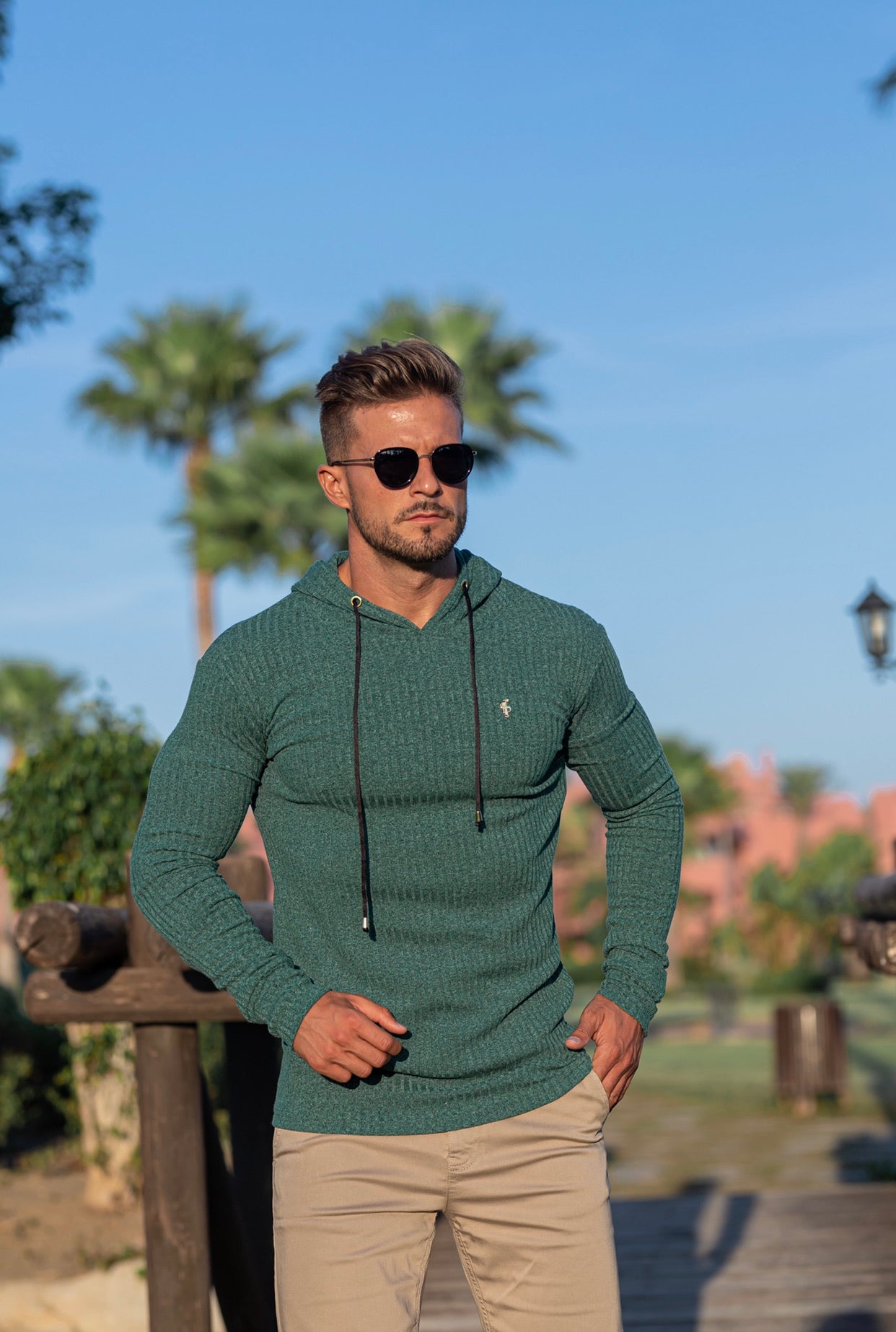 Classic Forest Green / Gold Ribbed Knit Hoodie Jumper - FSH508