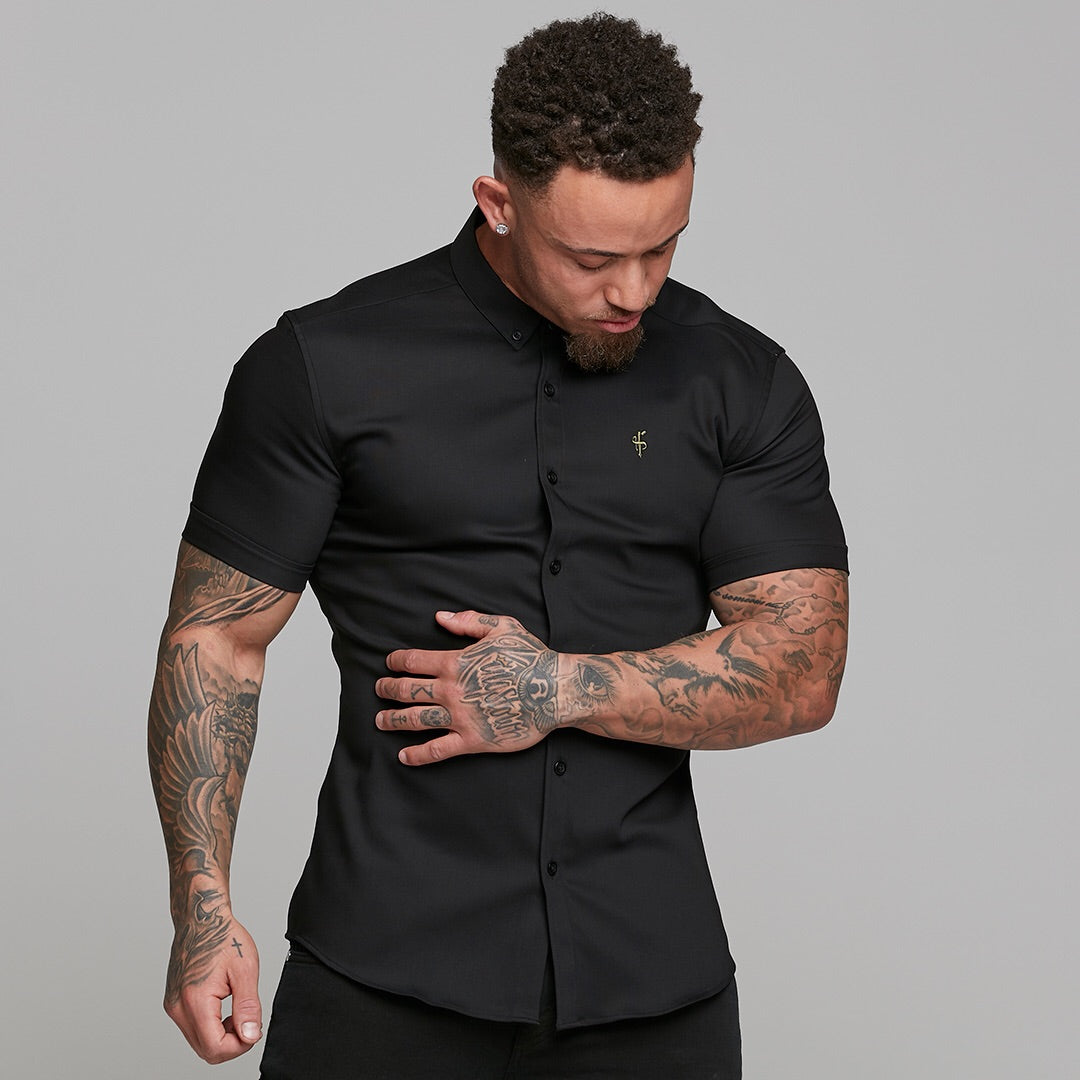Super Slim Ultra Stretch Classic Black Short Sleeve (Khaki Embroidery) - FS481