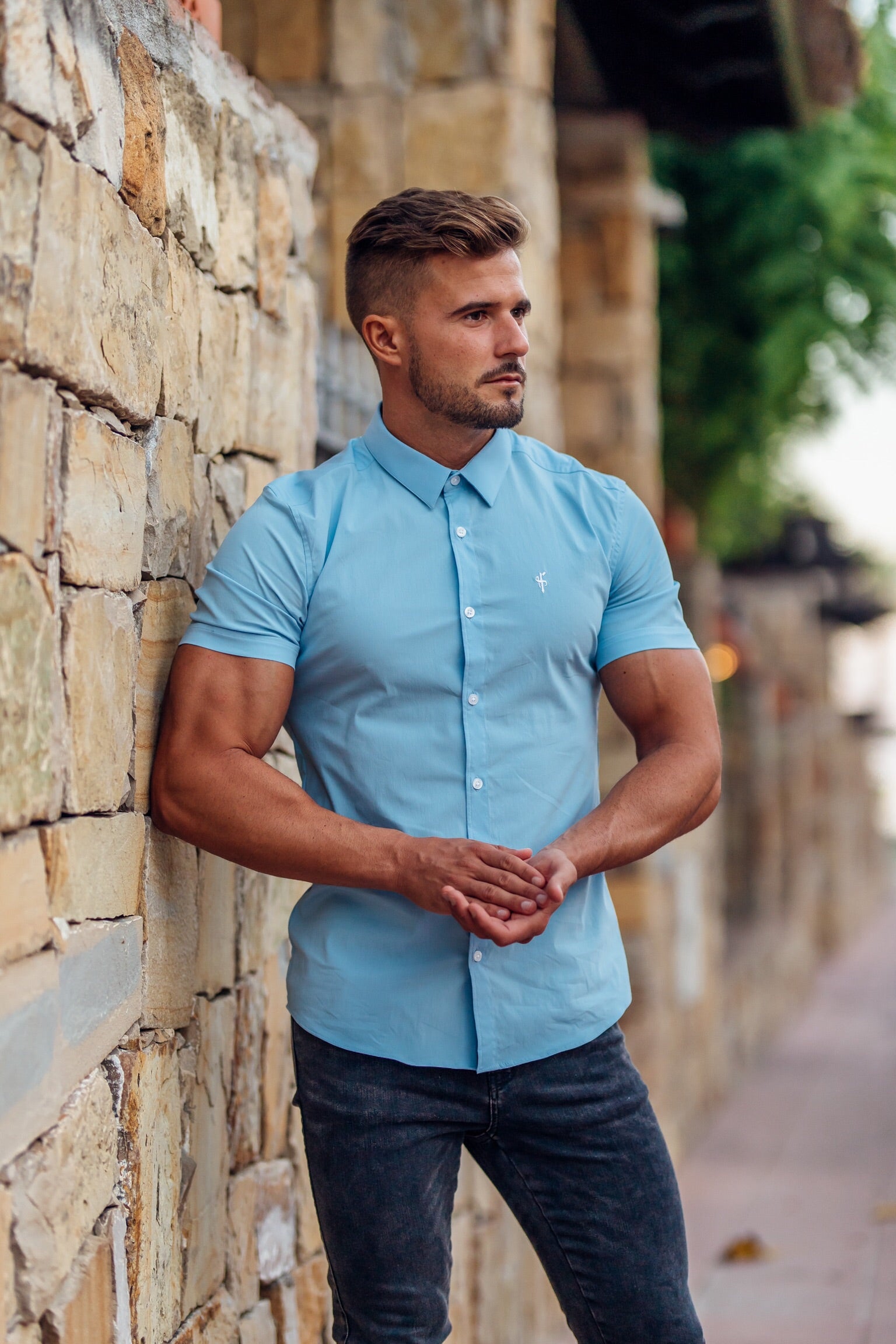 Super Slim Pale Blue Ultra Stretch Short Sleeve Shirt (White embroidery) - FS619