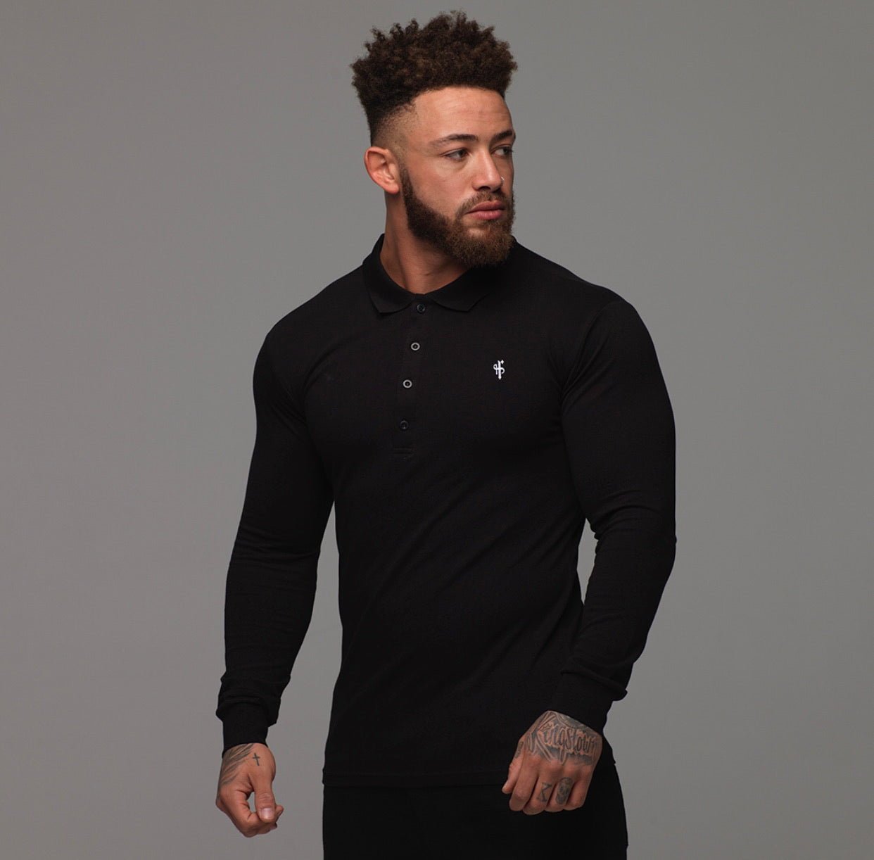 Classic Black Polo Long Sleeve Shirt (White Emblem) - FSH033