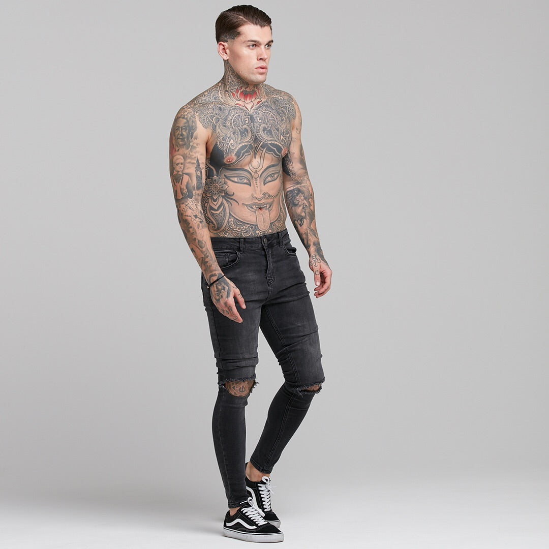 Stretch Washed Black Ripped Tapered Ankle Skinny Jeans - FSH227