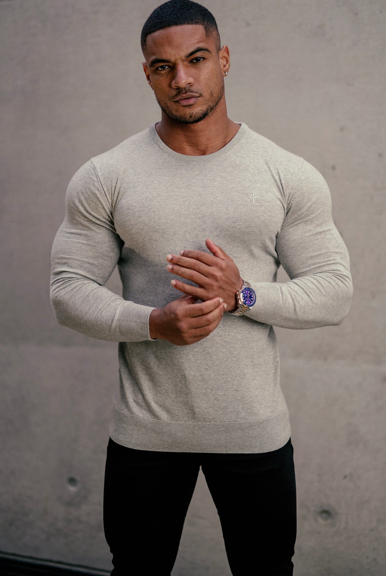 Classic Light Grey Marl Crew Neck Knitted Jumper with Tonal Emblem - FSH674