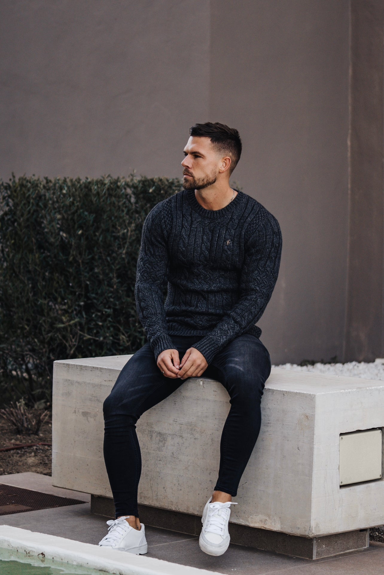 Luxury Lambs Wool Braided Knot Charcoal Jumper With Metal Decal - FSN024