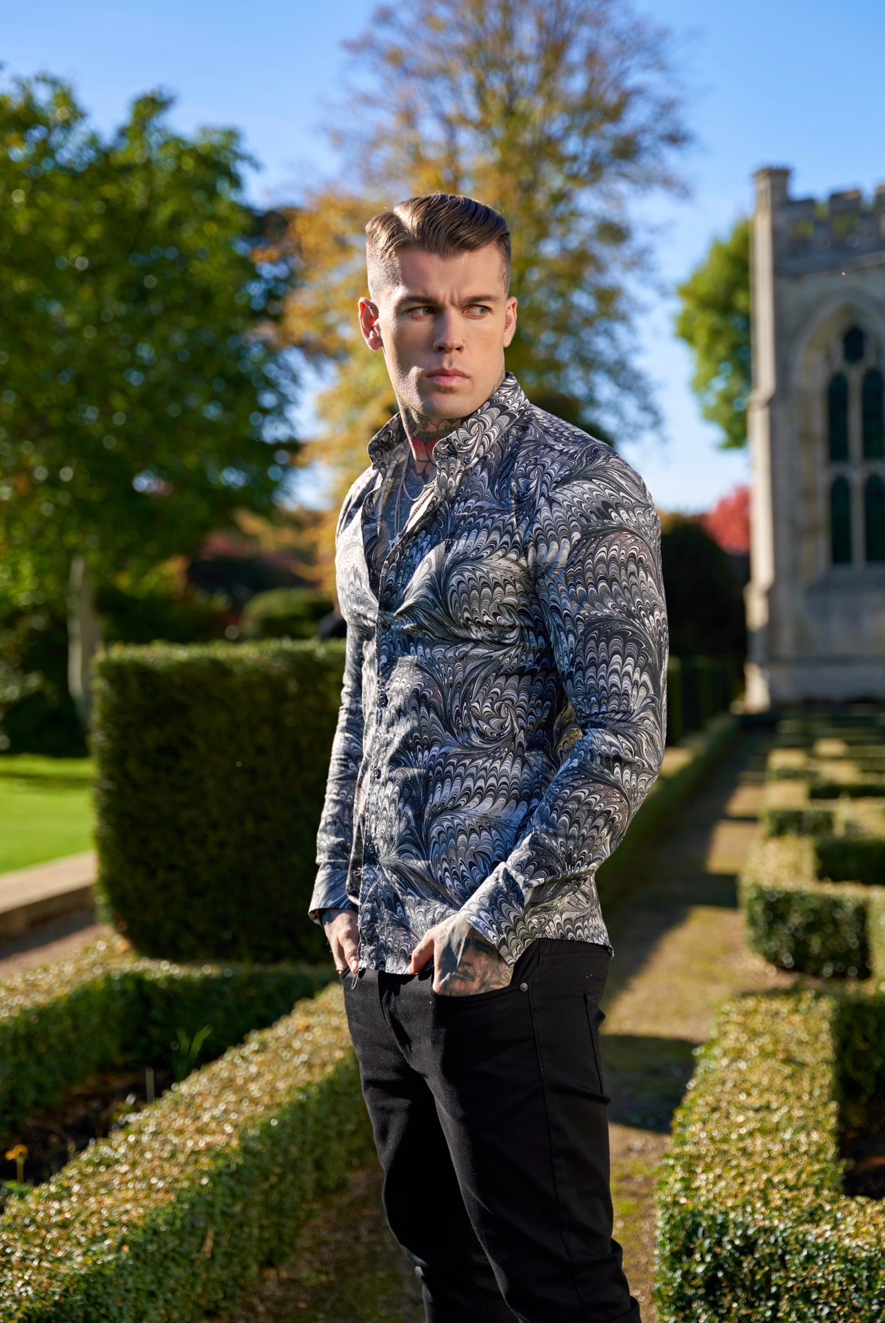 Super Slim Stretch Grey / Black Peacock Print Long Sleeve with Button Down Collar - FS912
