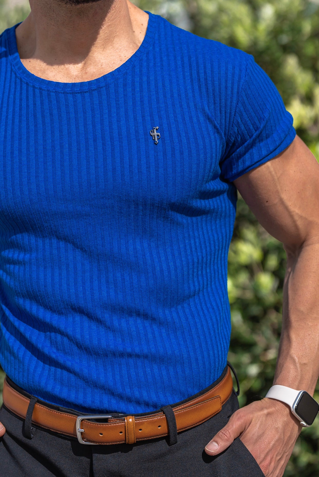 Classic Royal Blue Ribbed Knit Super Slim Short Sleeve Crew with Black Metal Emblem - FSH599