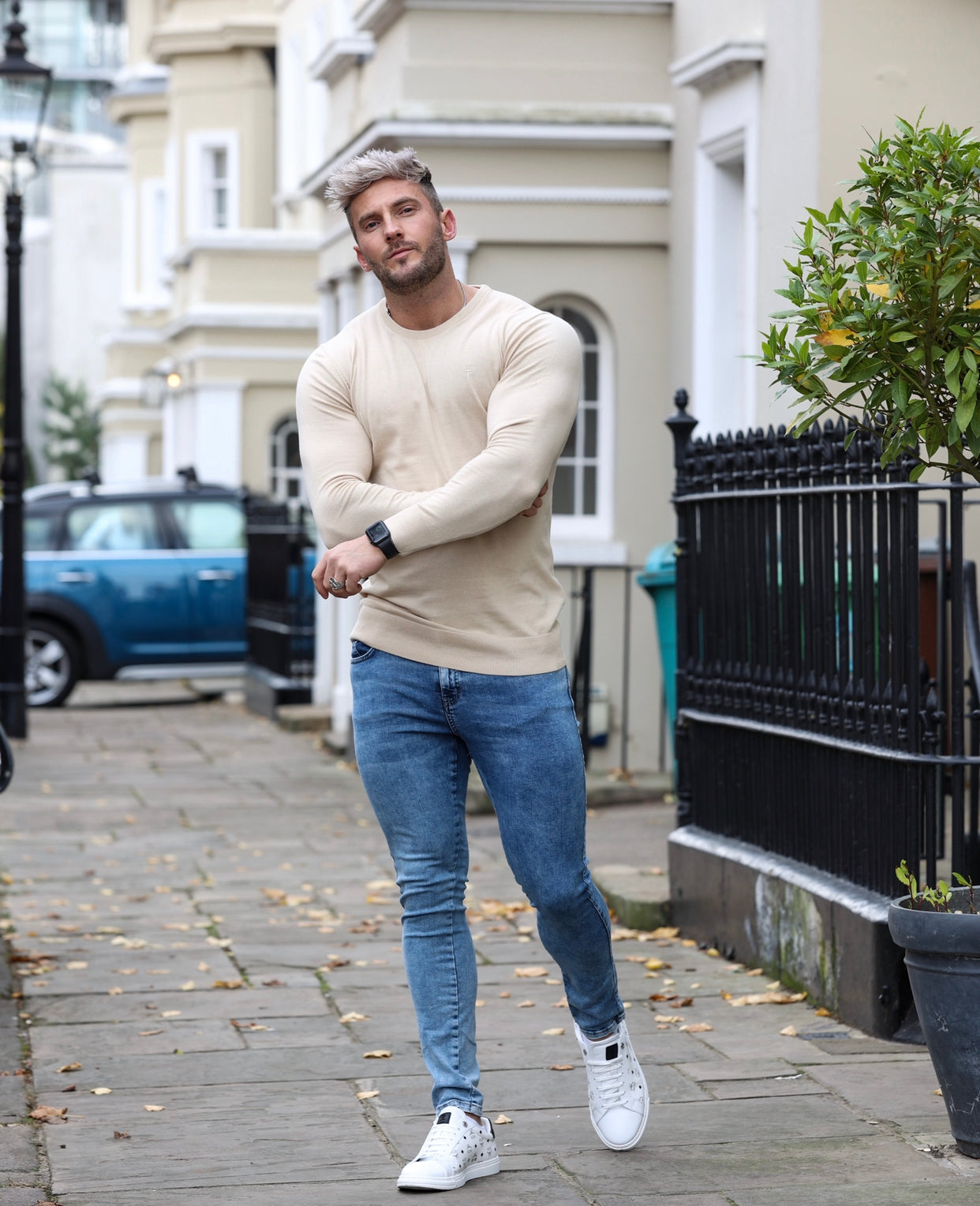 Classic Beige Crew Neck Knitted Jumper with Tonal Emblem - FSH672