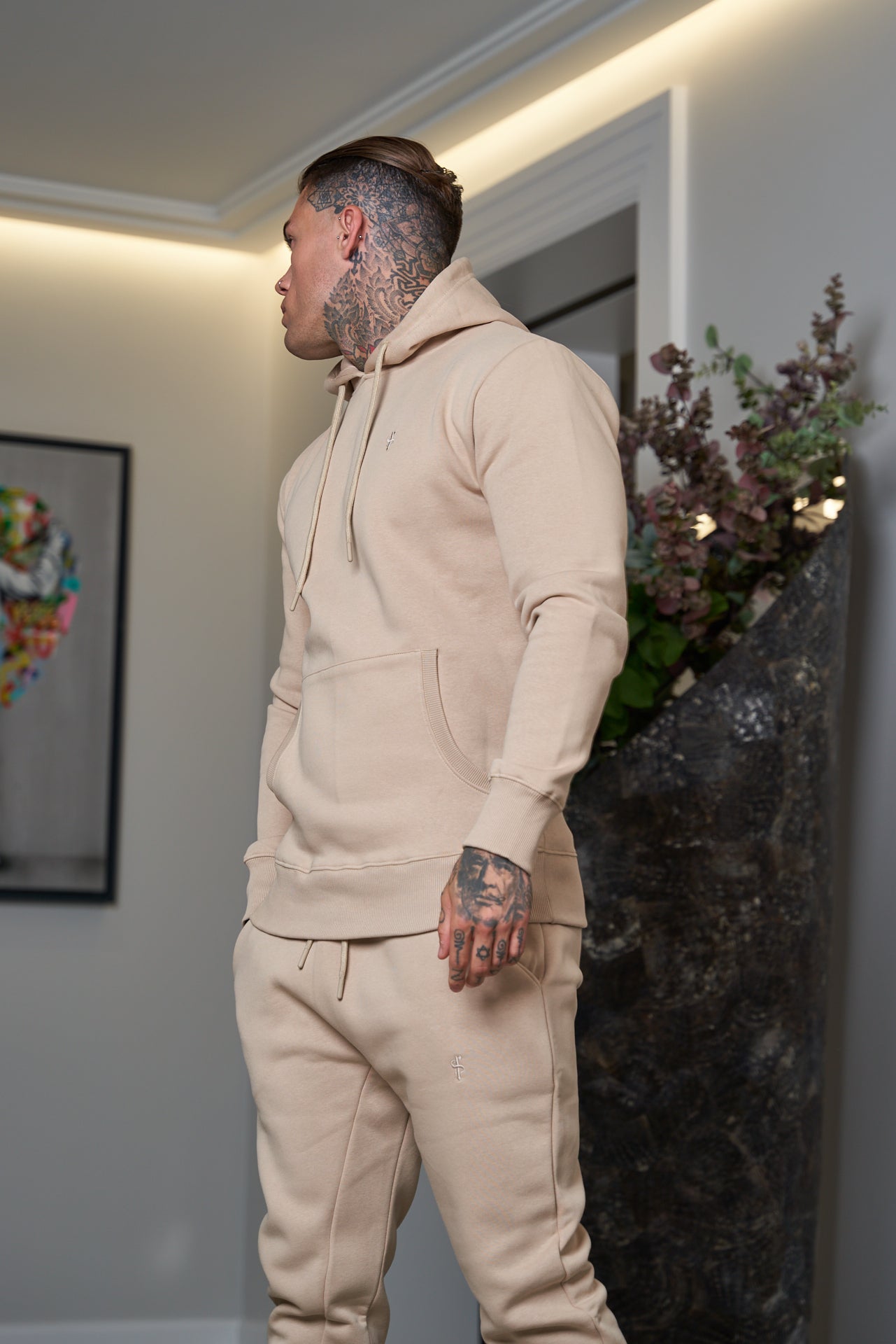 Beige Kangaroo Hoodie Top with FS Embroidery - FSH695