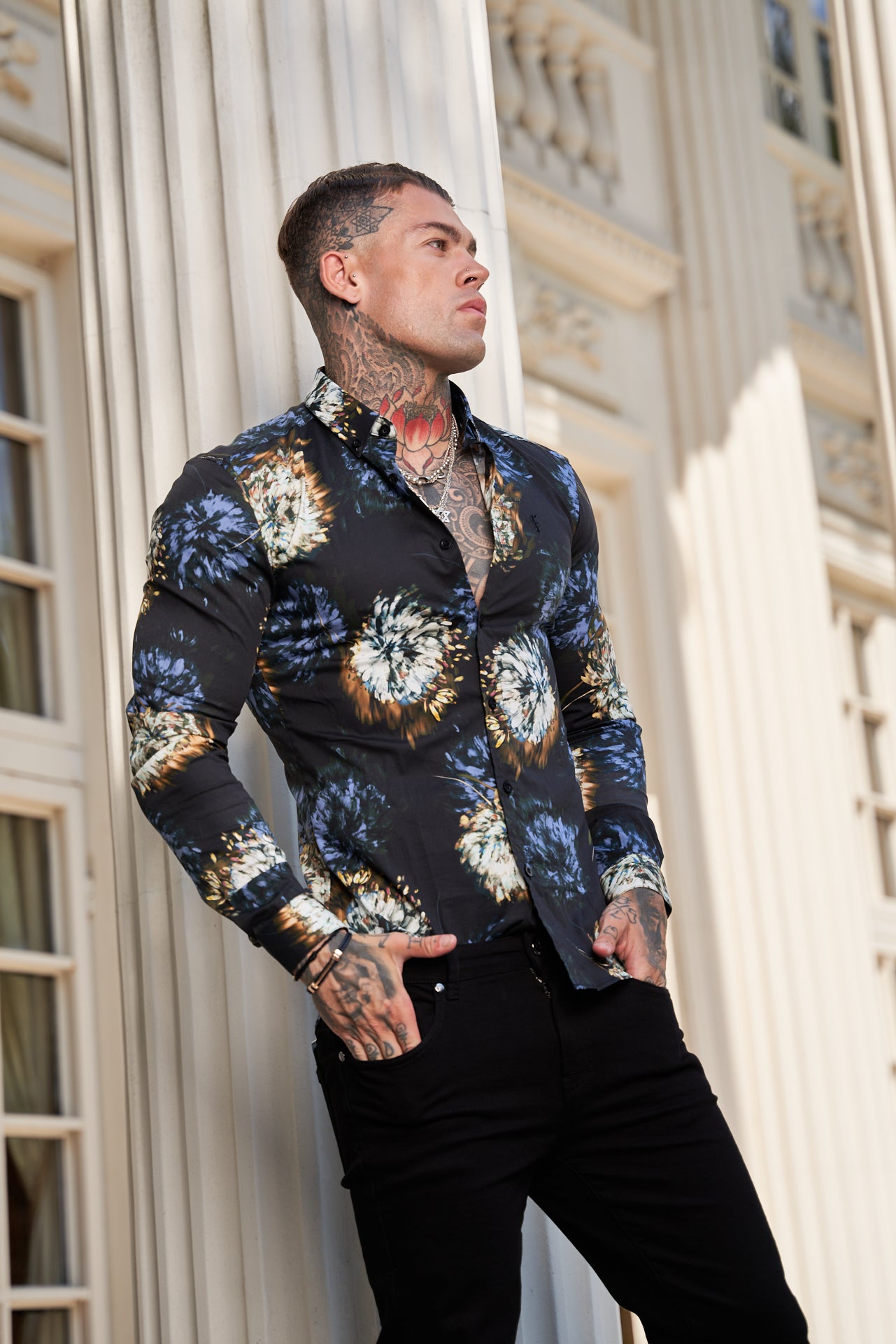 Super Slim Stretch Black Base Blurred Flower Print Long Sleeve with Button Down Collar - FS800