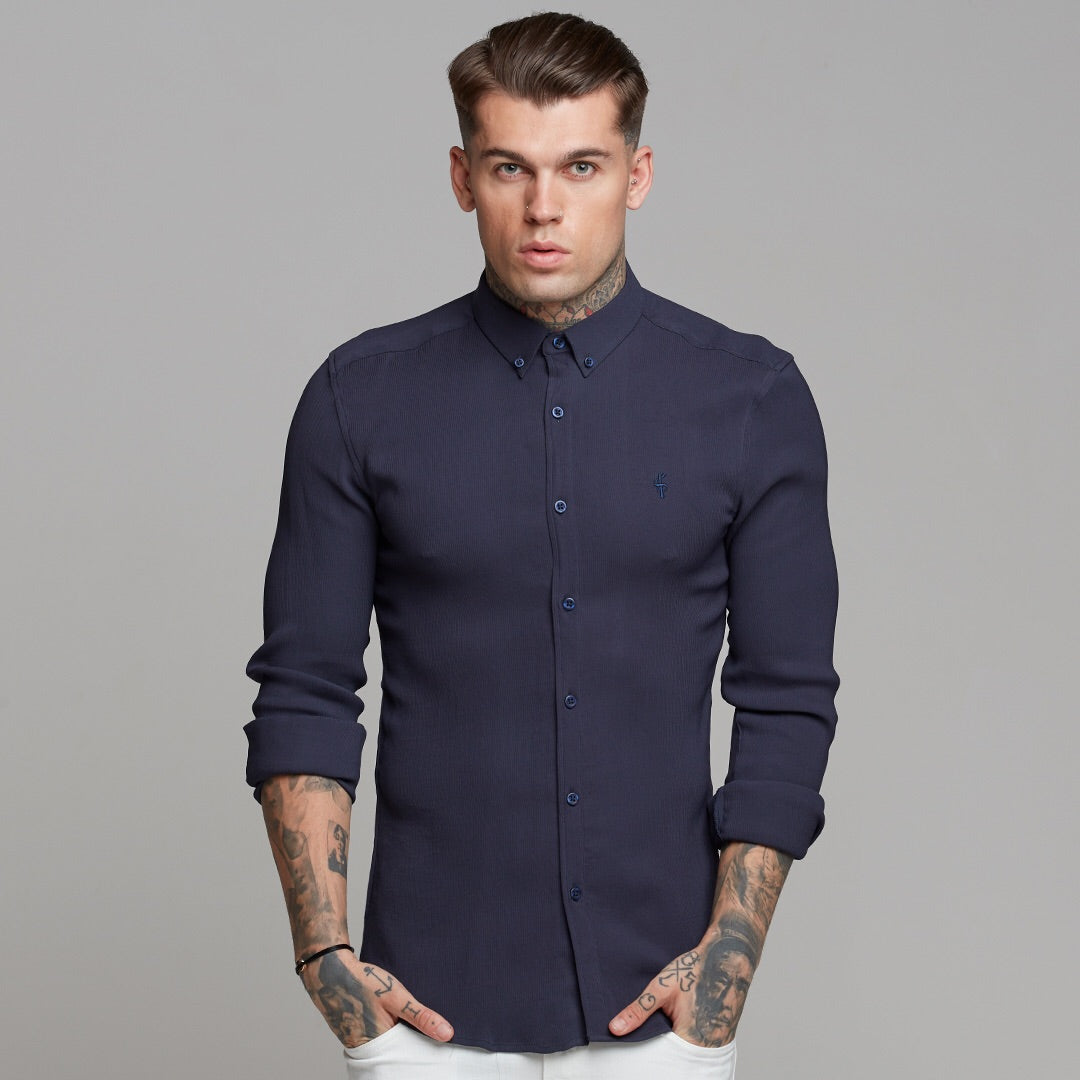 Super Slim Stretch Ribbed Navy Long Sleeve - FS443