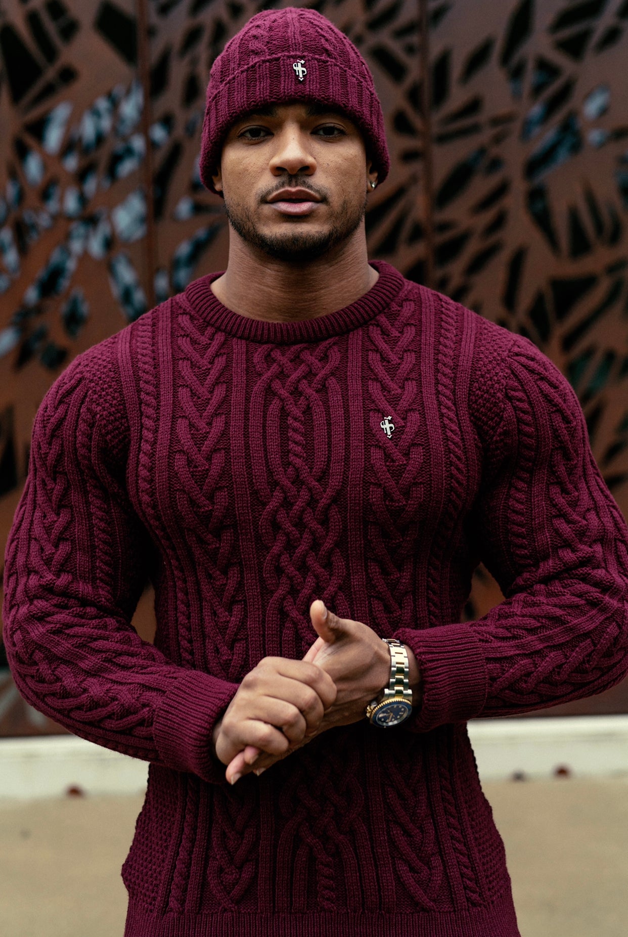 Burgundy Twisted Braid Weave Super Slim Jumper With Gunmetal Decal - FSJ043